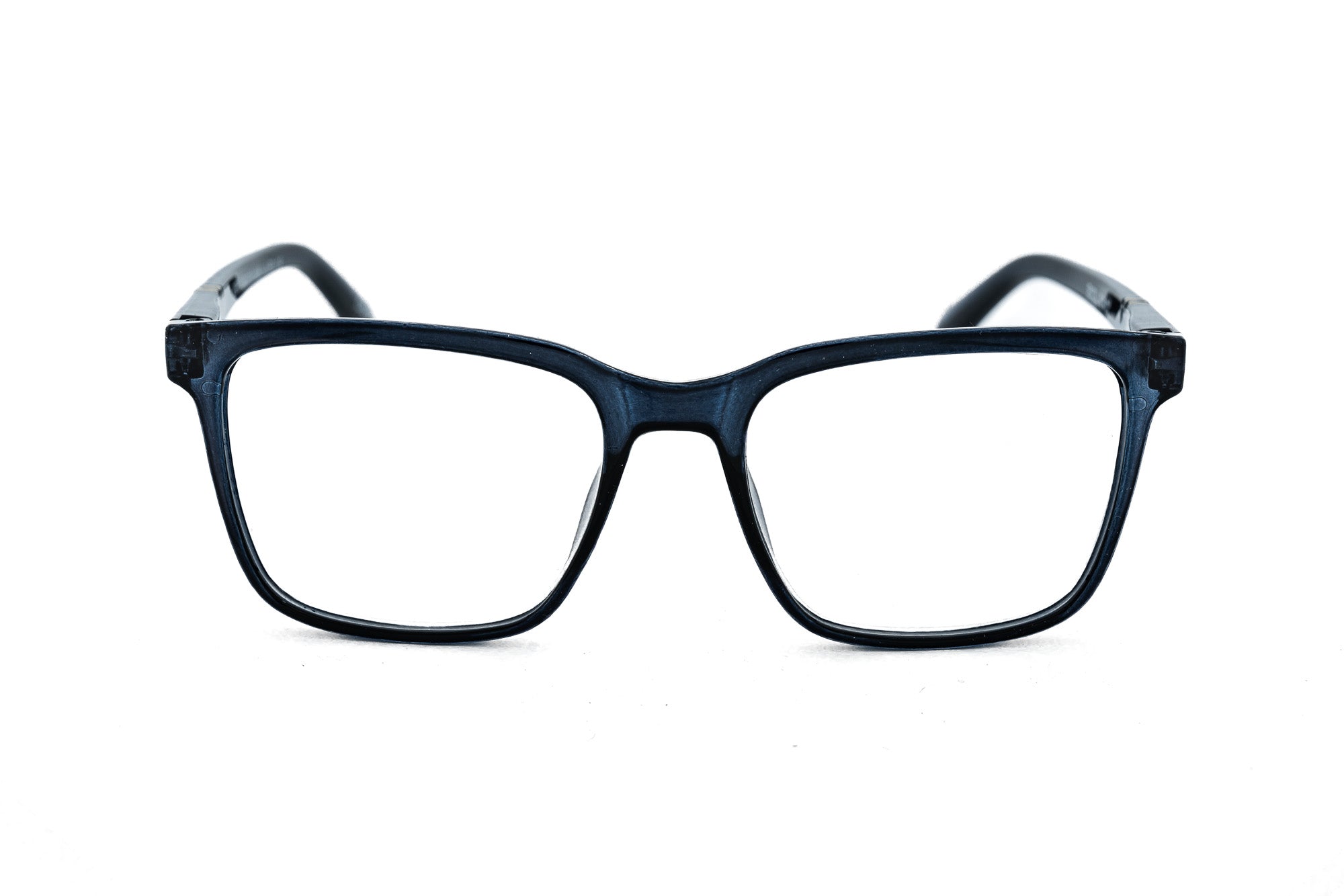 Lucien by Bolero Eyewear rectangular reading glasses in blue polycarbonate frame with subtle metal accents front angle view