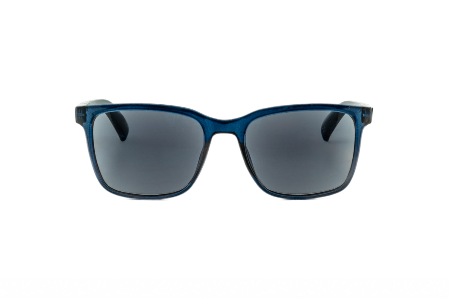 Luke by Bolero Eyewear crystal blue square sun reading glasses with smoke UV lenses front angle view