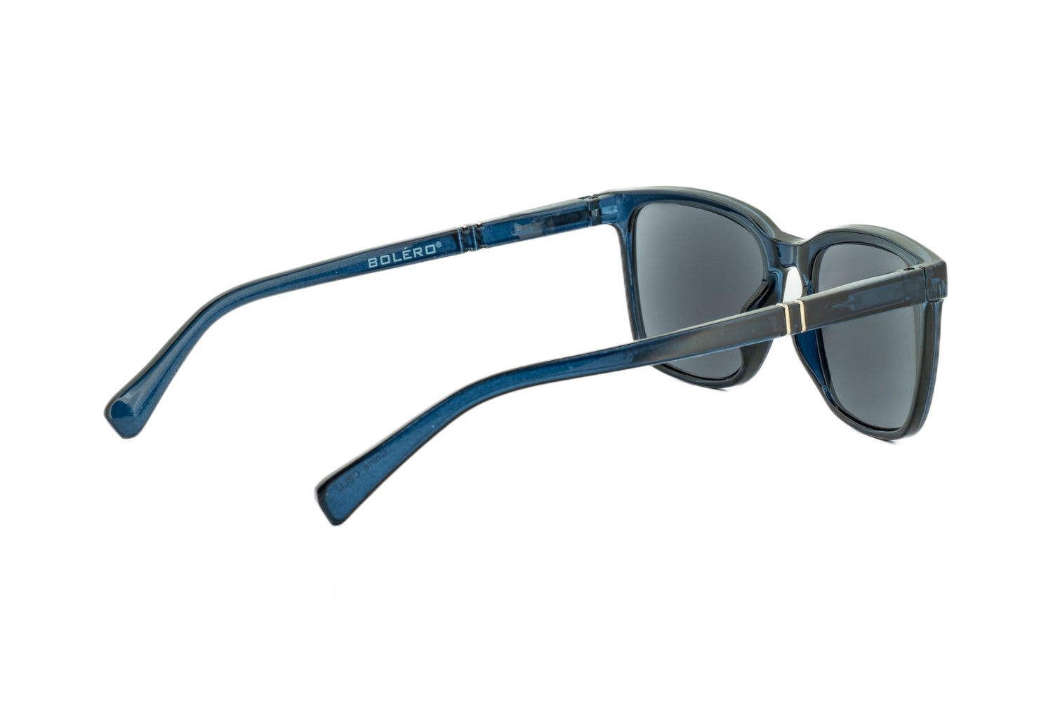 Luke by Bolero Eyewear crystal blue square sun reading glasses with smoke UV lenses rear-three quarter angle view