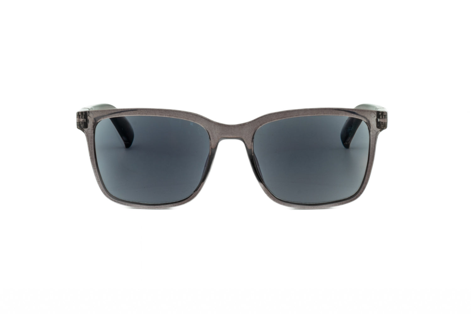 Luke by Bolero Eyewear crystal gray square sunreaders with smoke lenses and transparent frame front angle view