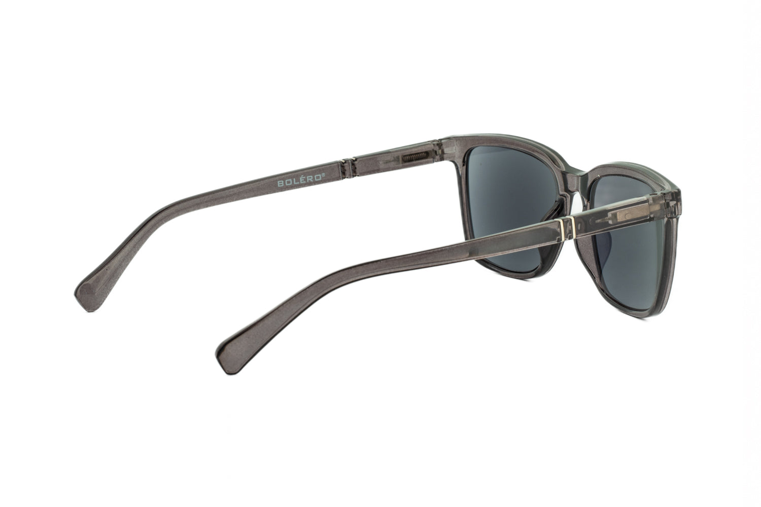 Luke by Bolero Eyewear crystal gray square sunreaders with smoke lenses and transparent frame
rear-three quarter angle view