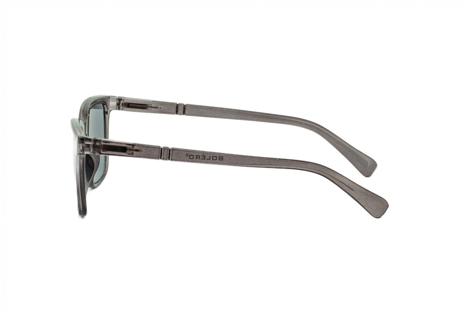 Luke by Bolero Eyewear crystal gray square sunreaders with smoke lenses and transparent frame side angle view