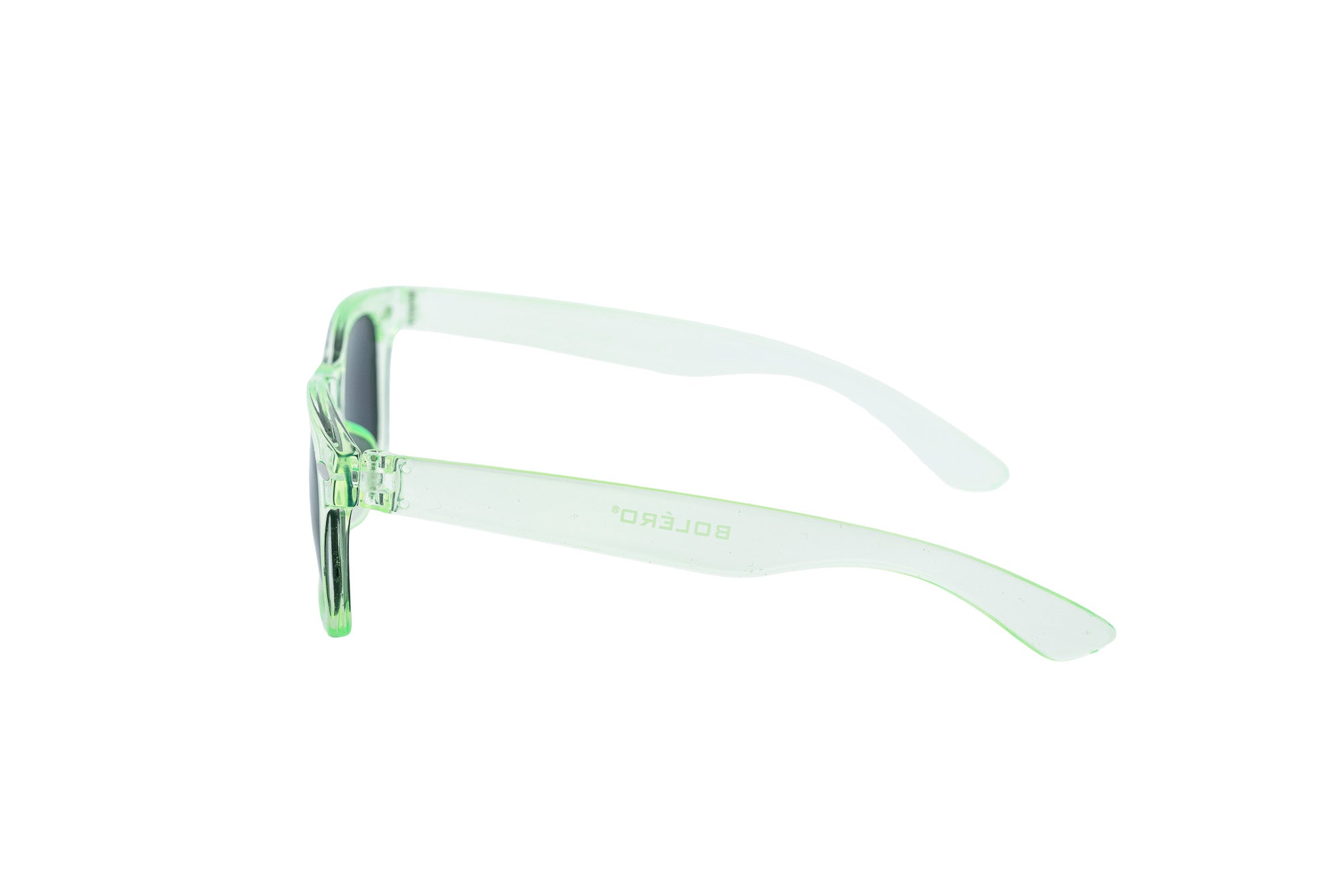 Lumo by Bolero Eyewear translucent green kids sunglasses with black UV lenses side angle view