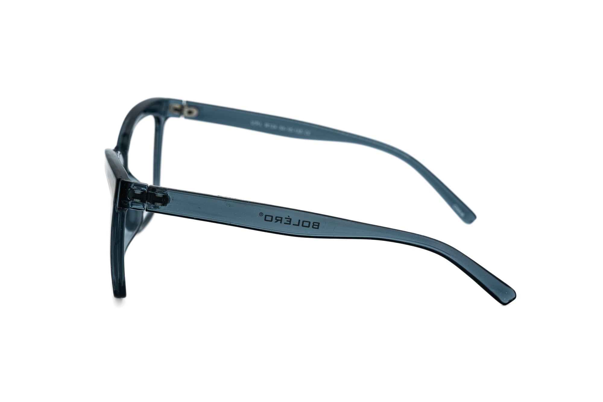 Lunara by Bolero Eyewear translucent blue cat-eye reading glasses with upswept silhouette side angle view