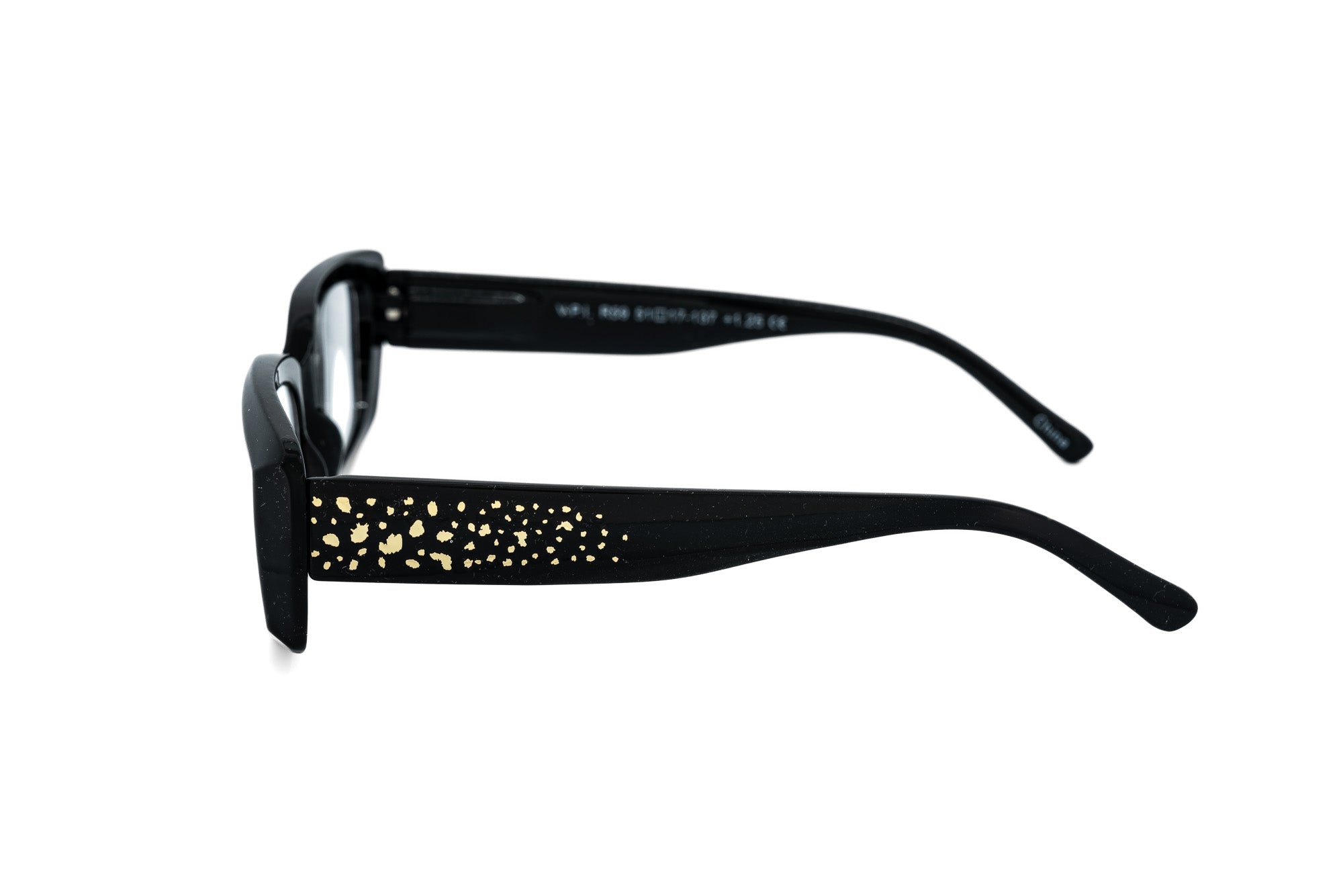 Lunetta by Bolero Eyewear black rectangular reading glasses with metallic gold temple accents side angle view