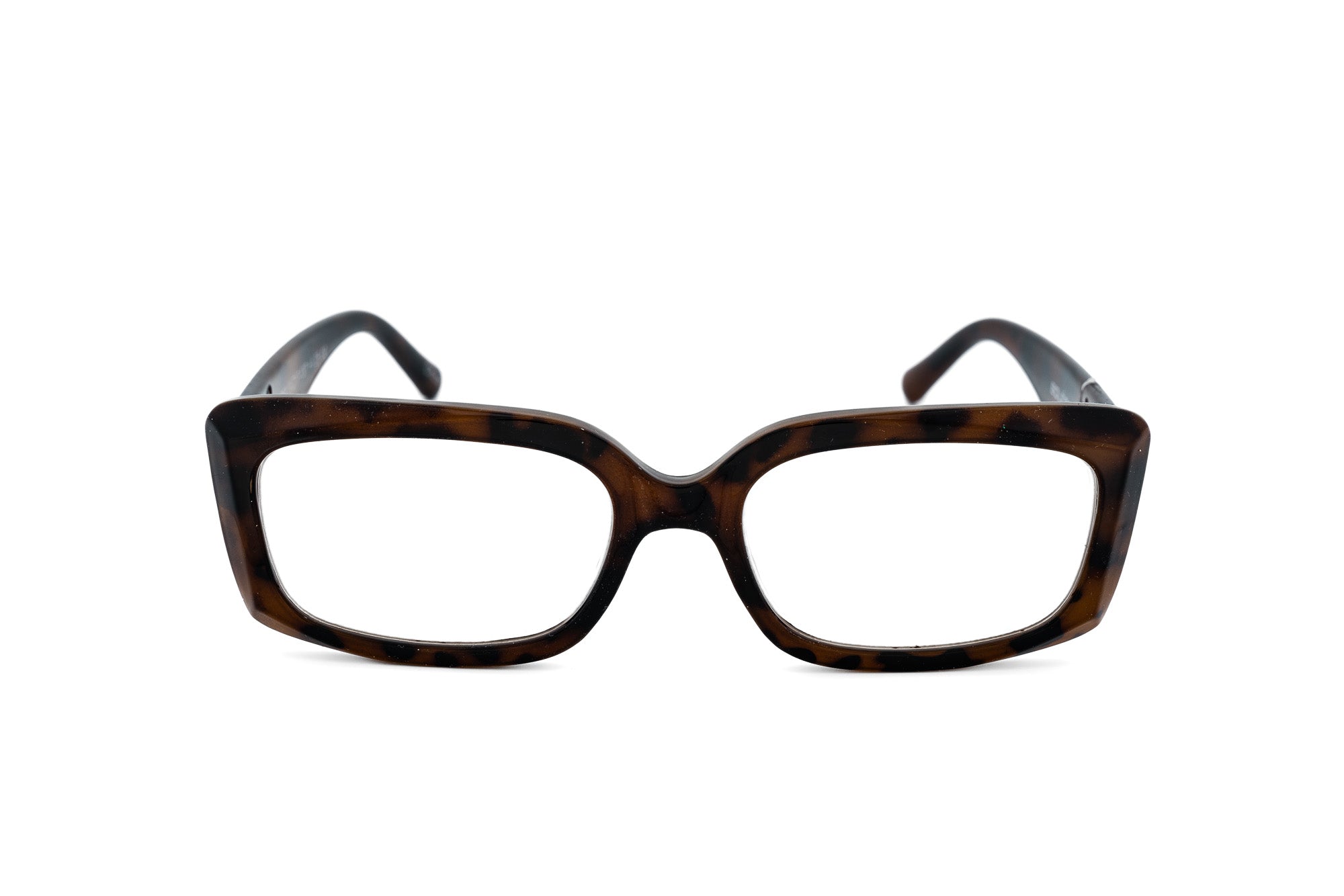 Lunetta by Bolero Eyewear rectangular reading glasses in tortoise with shimmering metallic dot detailing front angle view