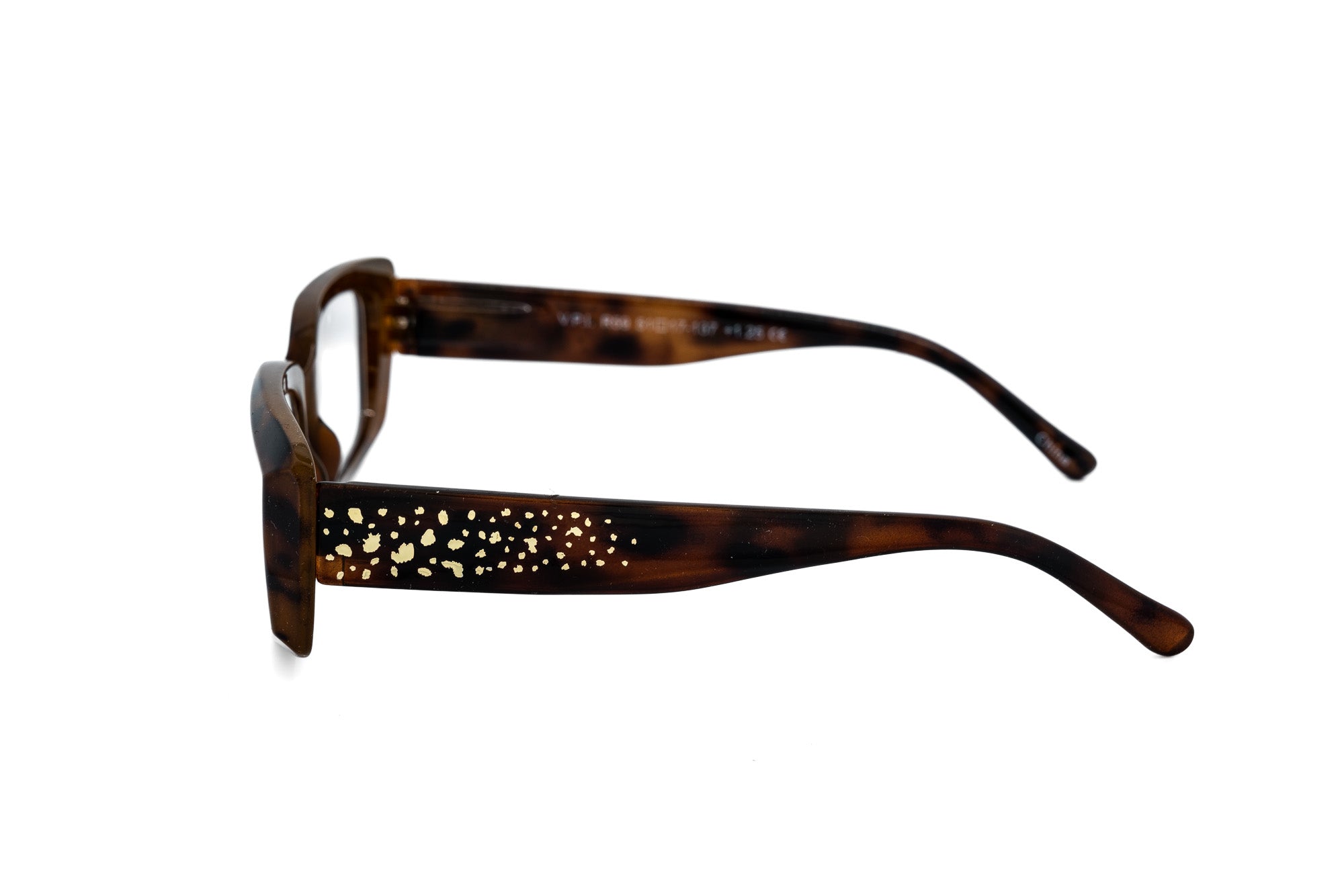 Lunetta by Bolero Eyewear rectangular reading glasses in tortoise with shimmering metallic dot detailing side angle view
