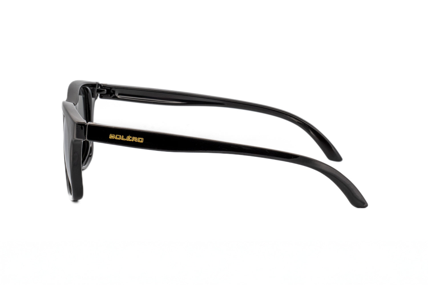 Luxor polarized sunglasses in black frame with silver mirror lenses – sporty wraparound design by Bolero Eyewear
side angle view