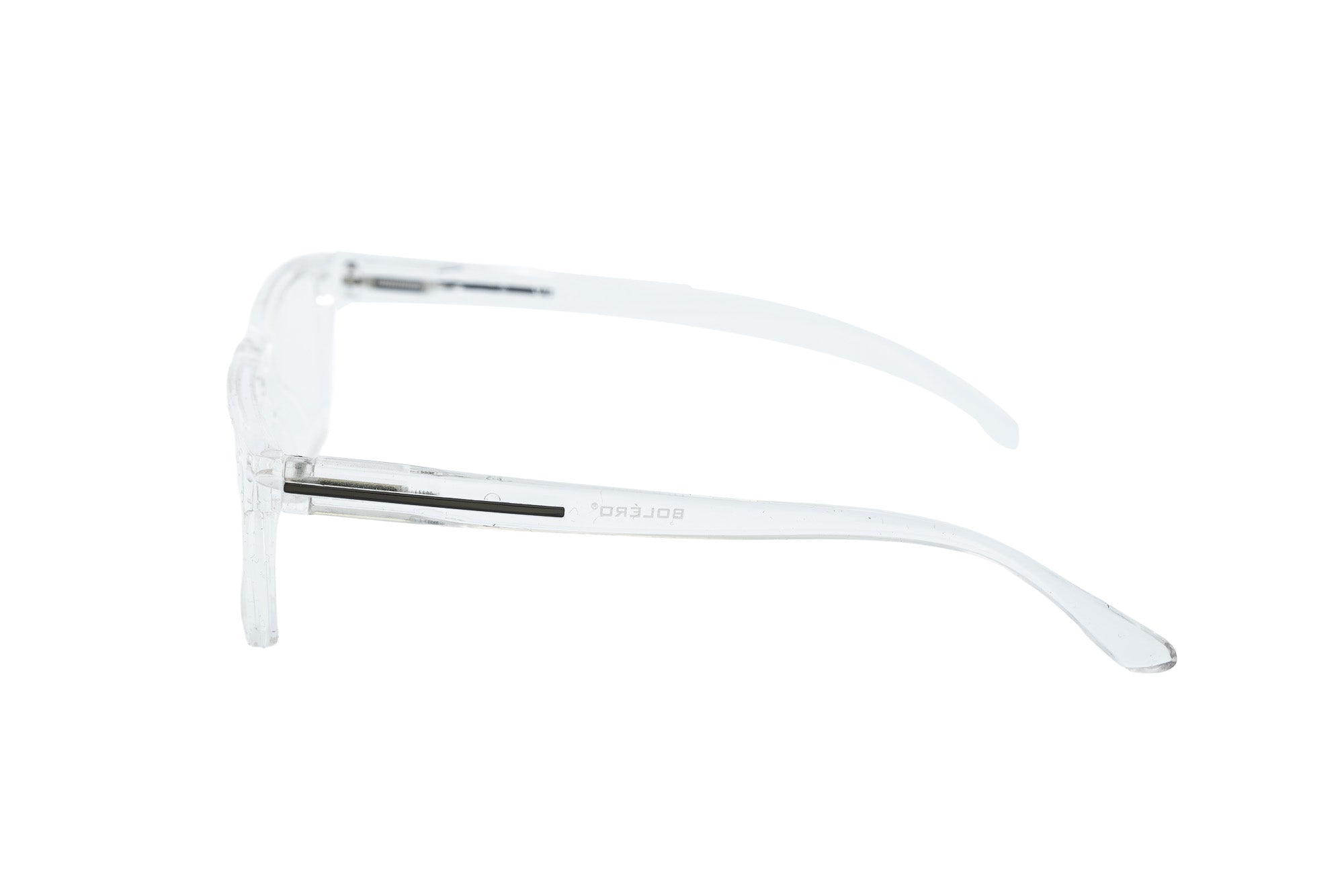 Marcino by Bolero Eyewear clear square reading glasses with lightweight polycarbonate frame side angle view