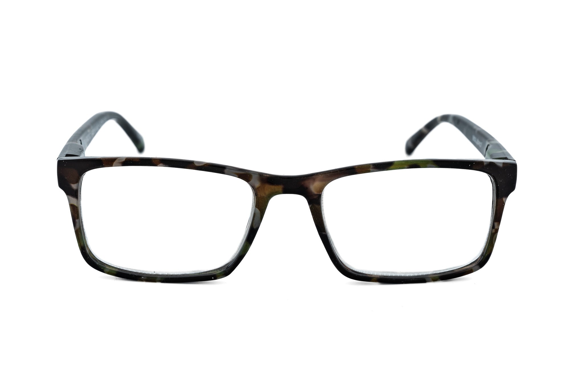 Marcino by Bolero Eyewear Gray tortoise camo Marcino reading glasses with bold square frame design front angle view