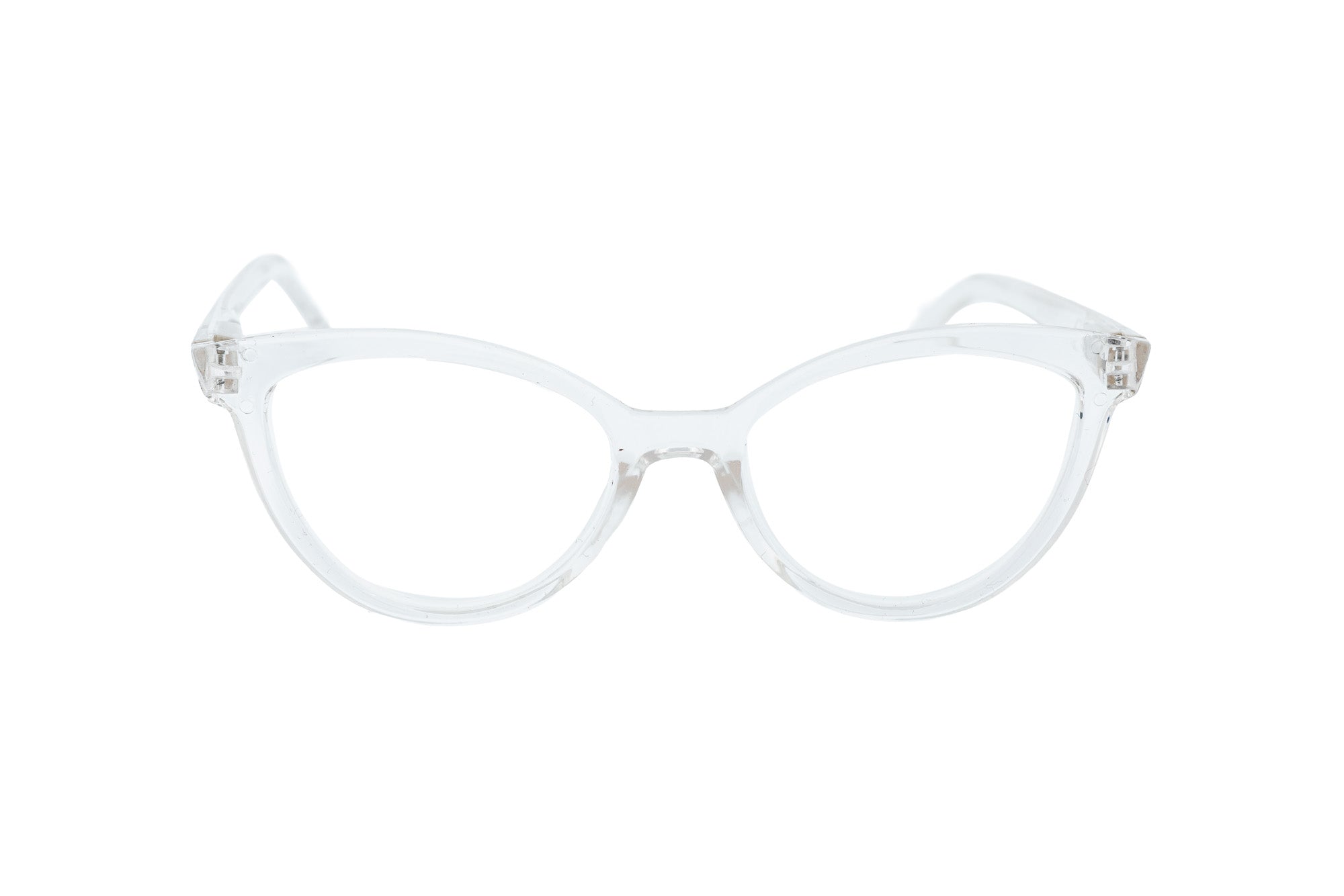 Marenza by Bolero Eyewear Crystal clear cat-eye reading glasses with polycarbonate frame front angle view