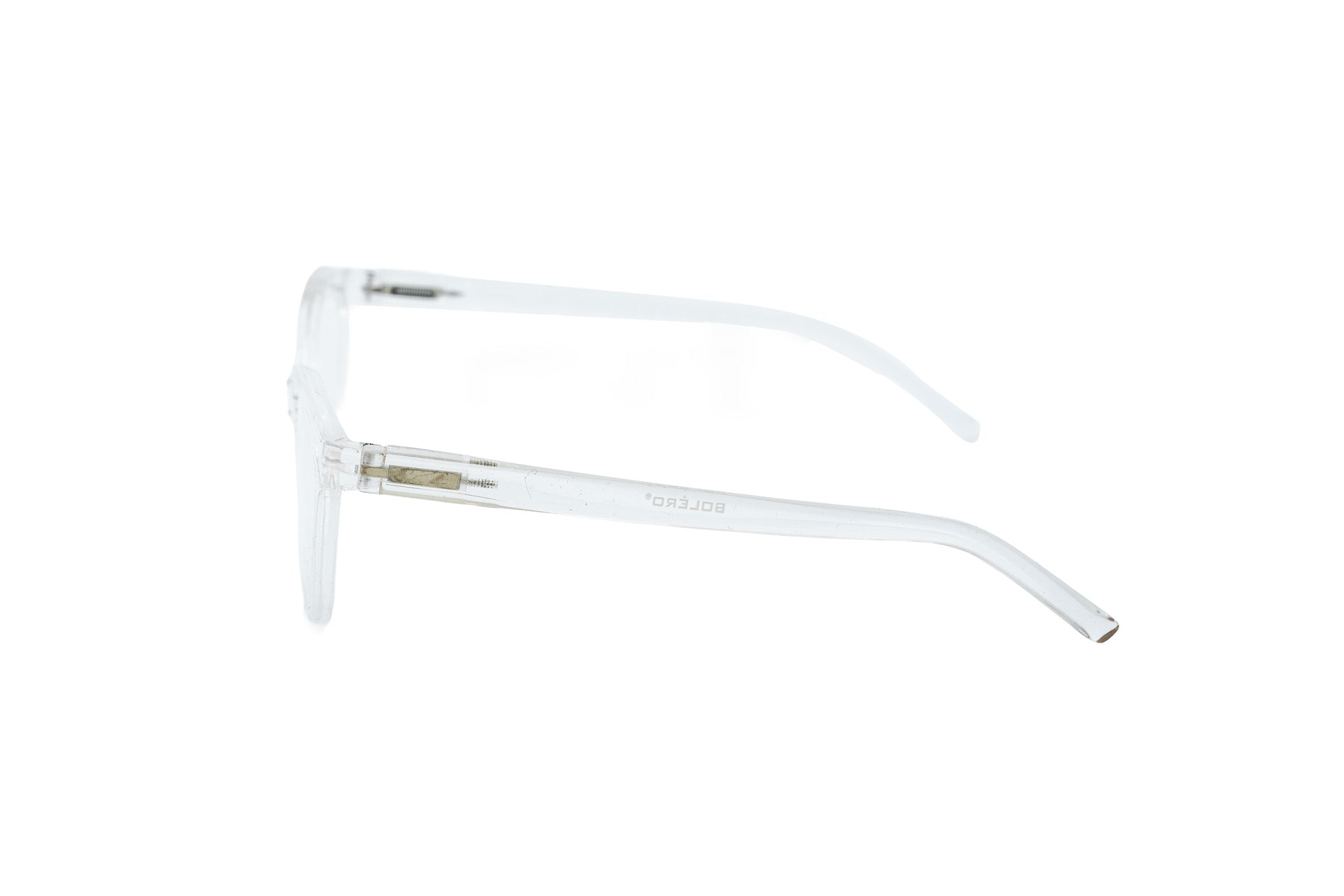Marenza by Bolero Eyewear Crystal clear cat-eye reading glasses with polycarbonate frame side angle view