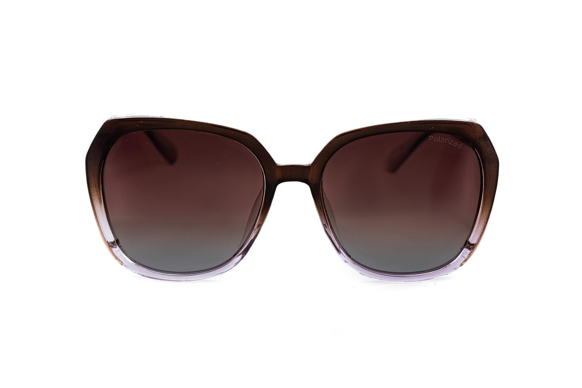Marian by Bolero Eyewear oversized sunglasses with polarized brown gradient lenses and clear-purple frame front angle view