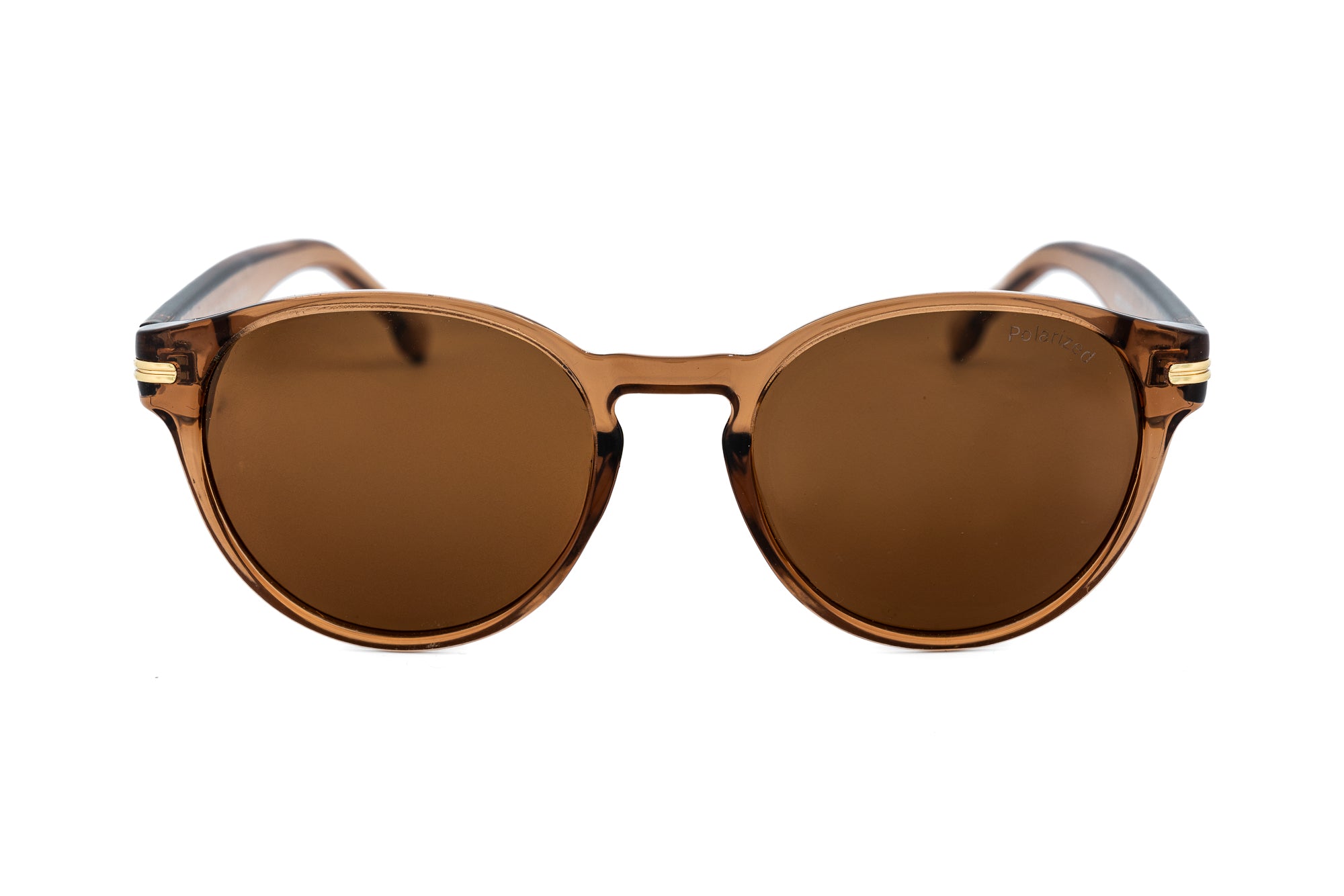 Amber brown Marone sunglasses with rounded polycarbonate frame and gold detailing front angle view