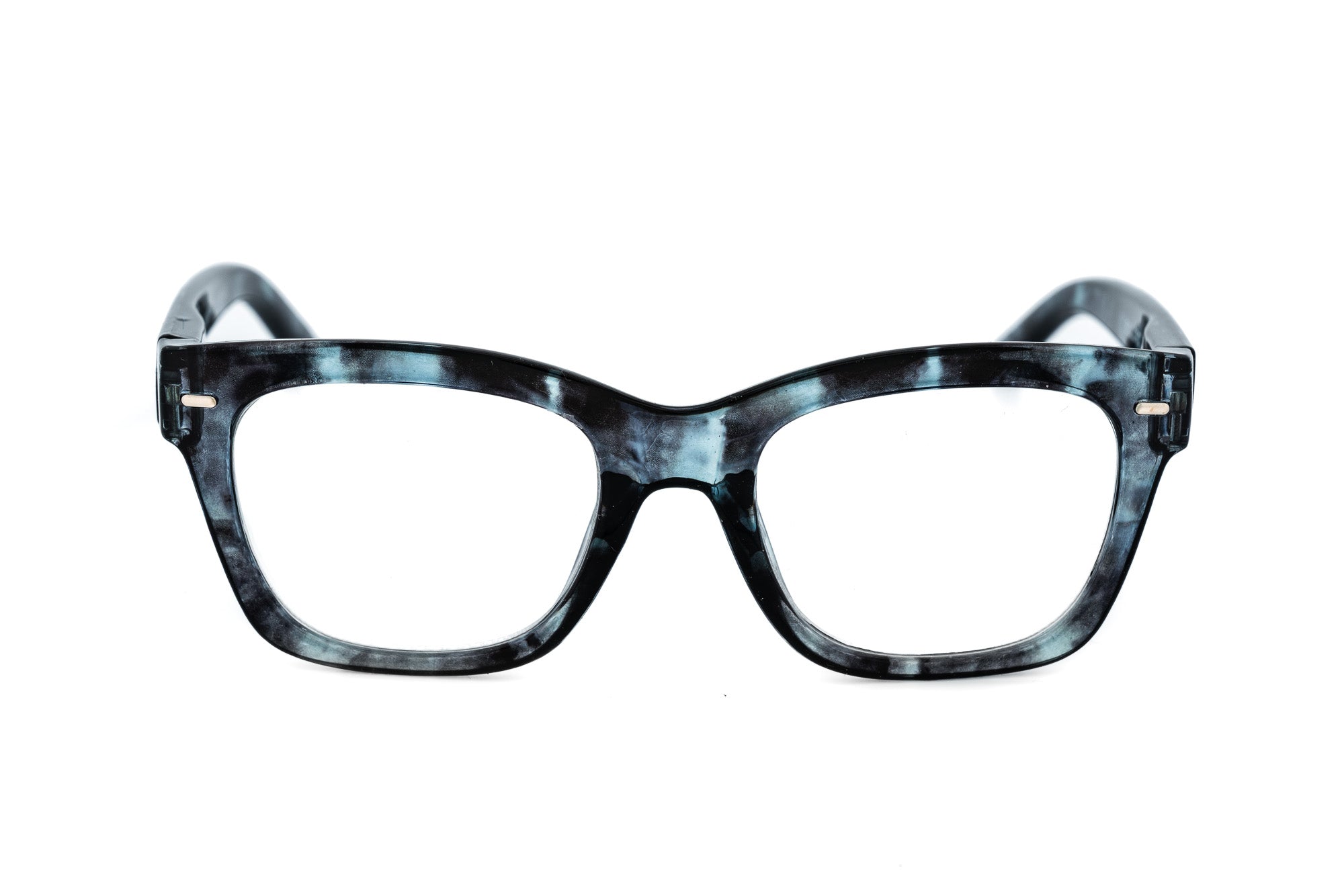 Melwood blue marbled square reading glasses with acetate construction front angle view