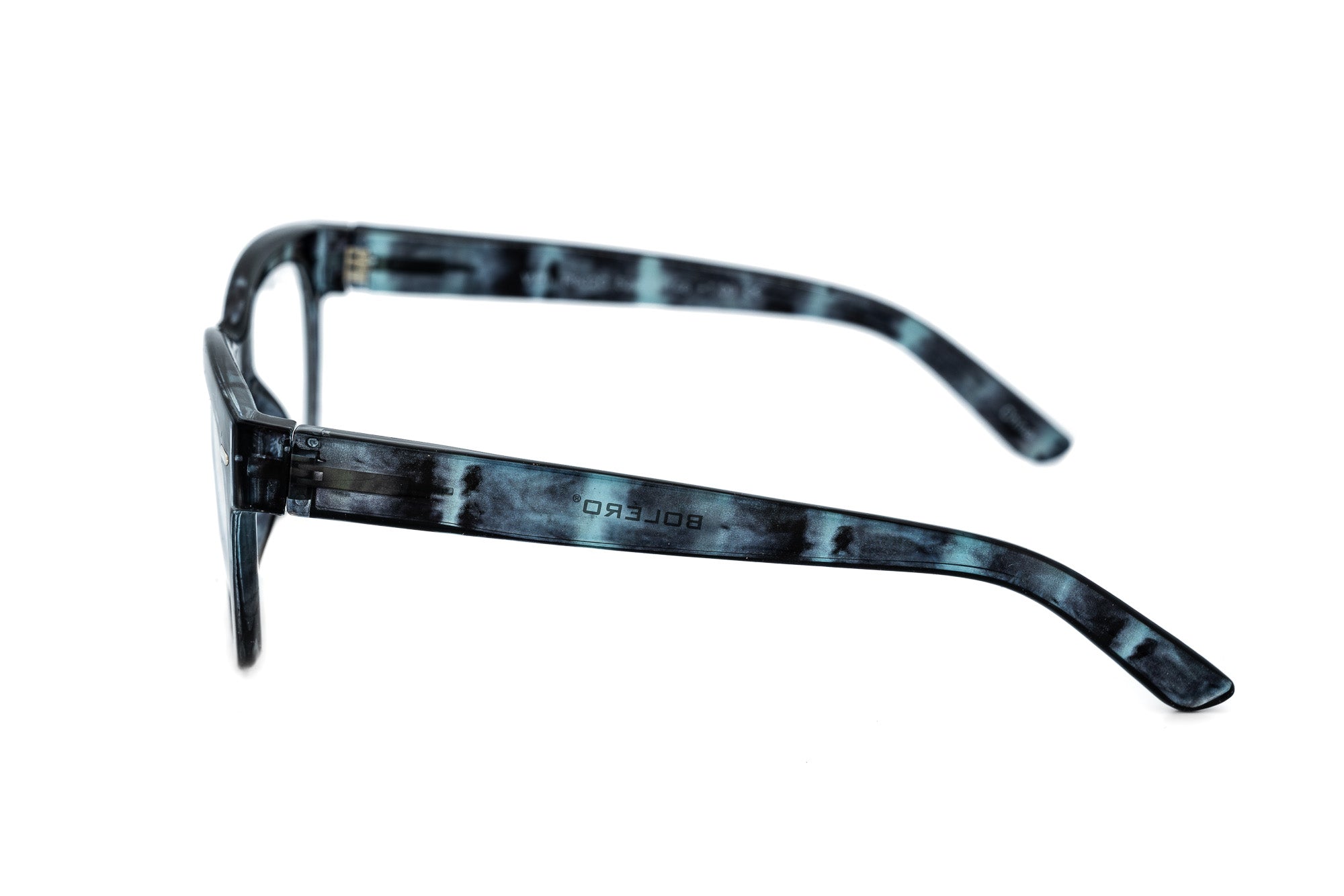 Melwood blue marbled square reading glasses with acetate construction side angle view