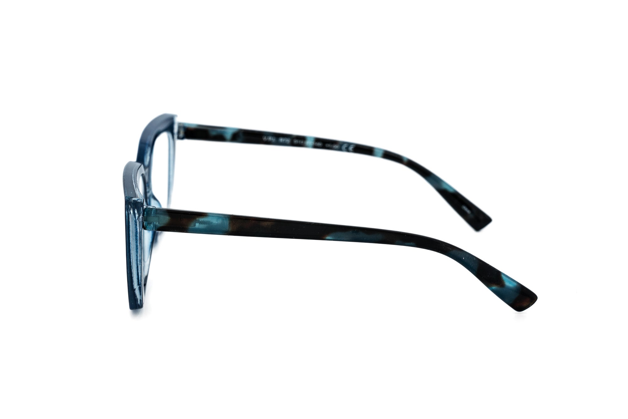 Midnight blue cat-eye reading glasses with marbled aqua acetate temples by Bolero Eyewear side angle view