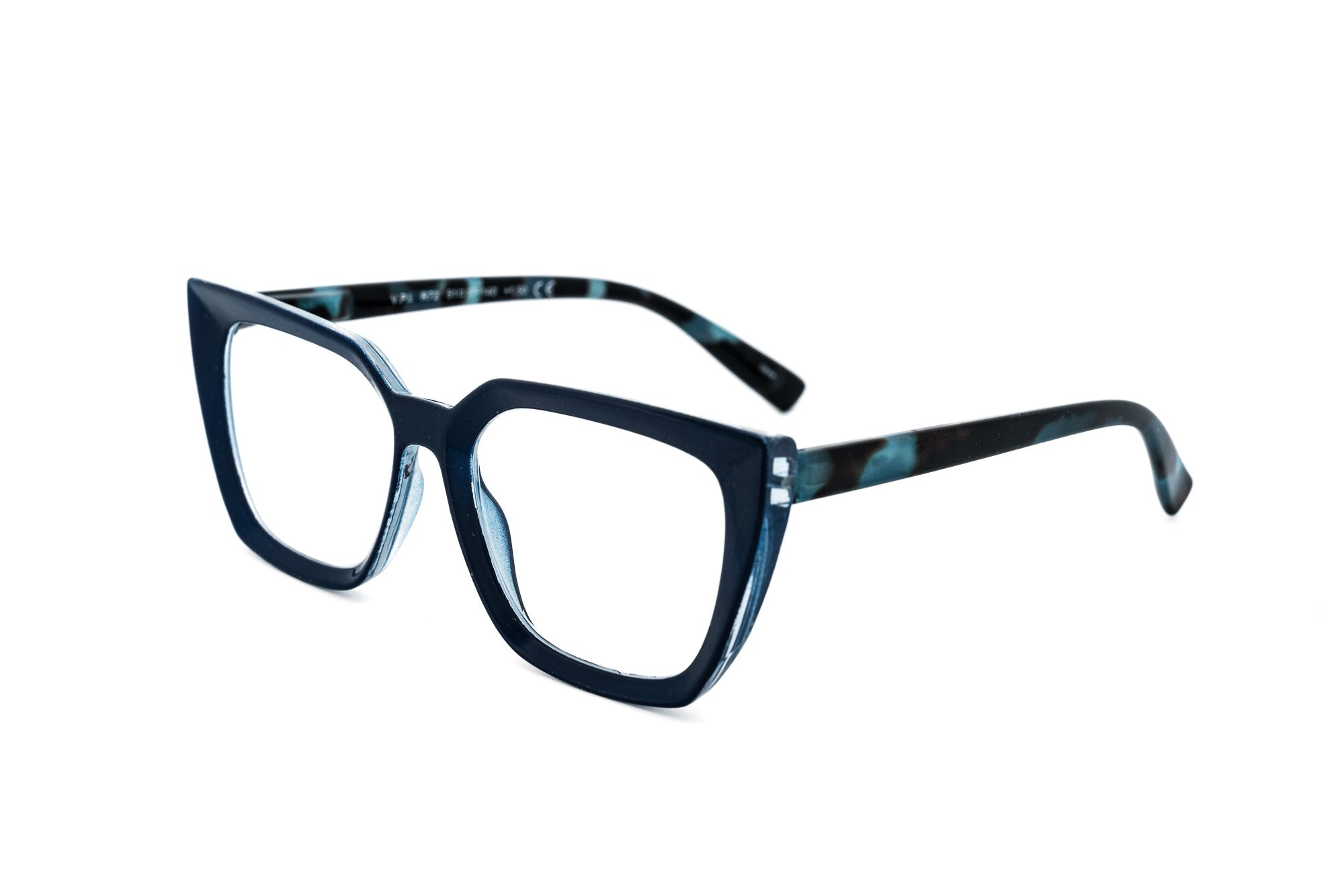 Midnight blue cat-eye reading glasses with marbled aqua acetate temples by Bolero Eyewear