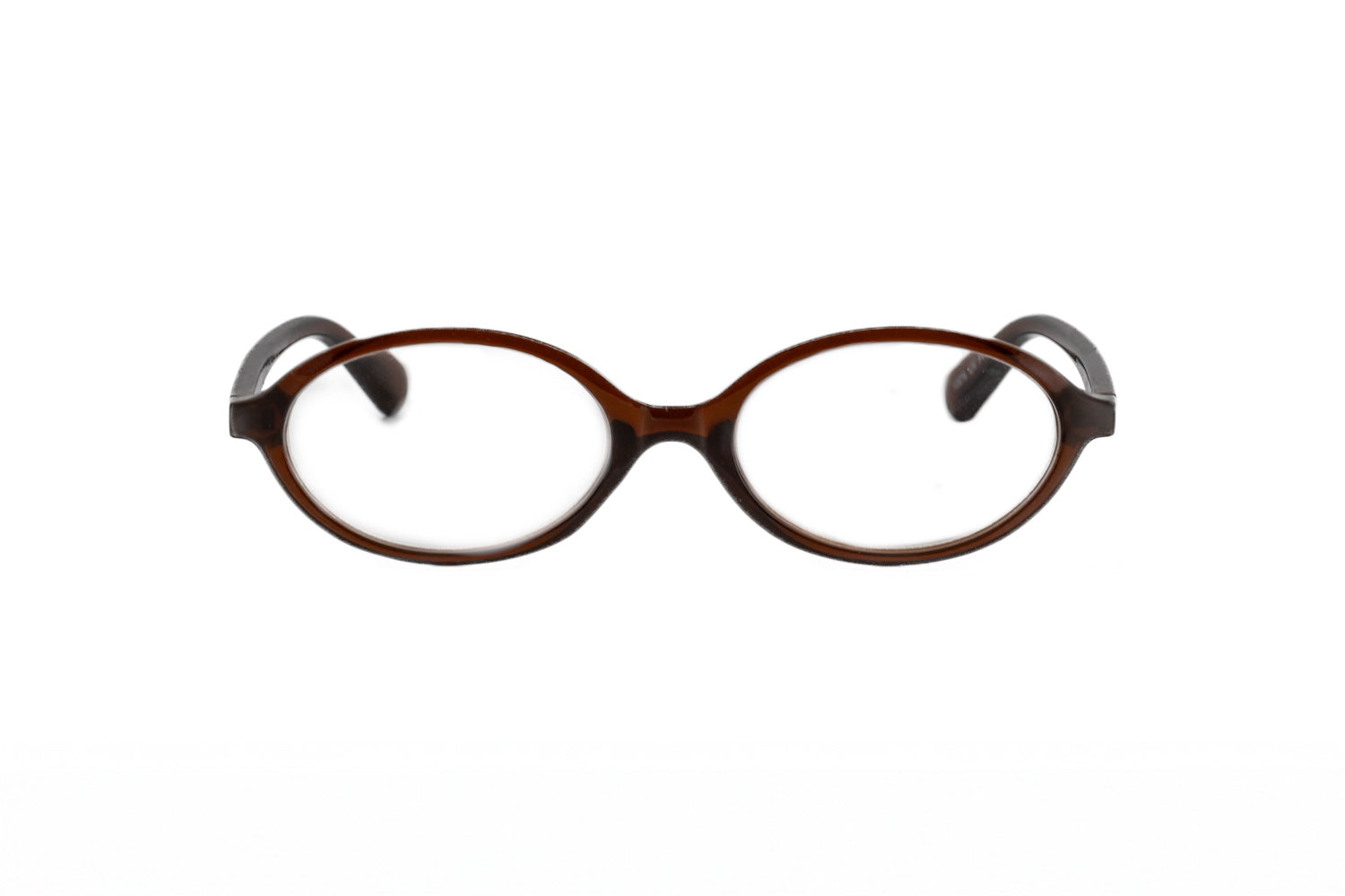 Milo amber brown oval reading glasses with lightweight crystal frame and flexible fit front angle view