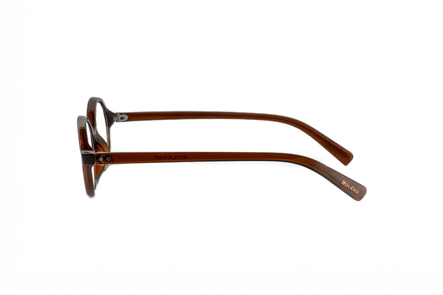 Milo amber brown oval reading glasses with lightweight crystal frame and flexible fit side angle view