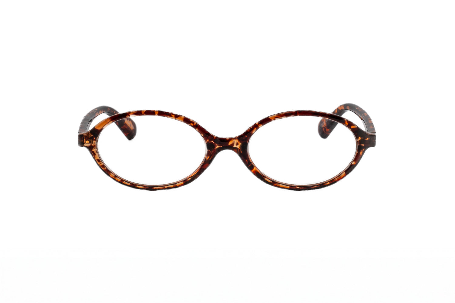 Milo amber tortoise oval reading glasses by Bolero Eyewear with crystal frame and metal core temples front angle view