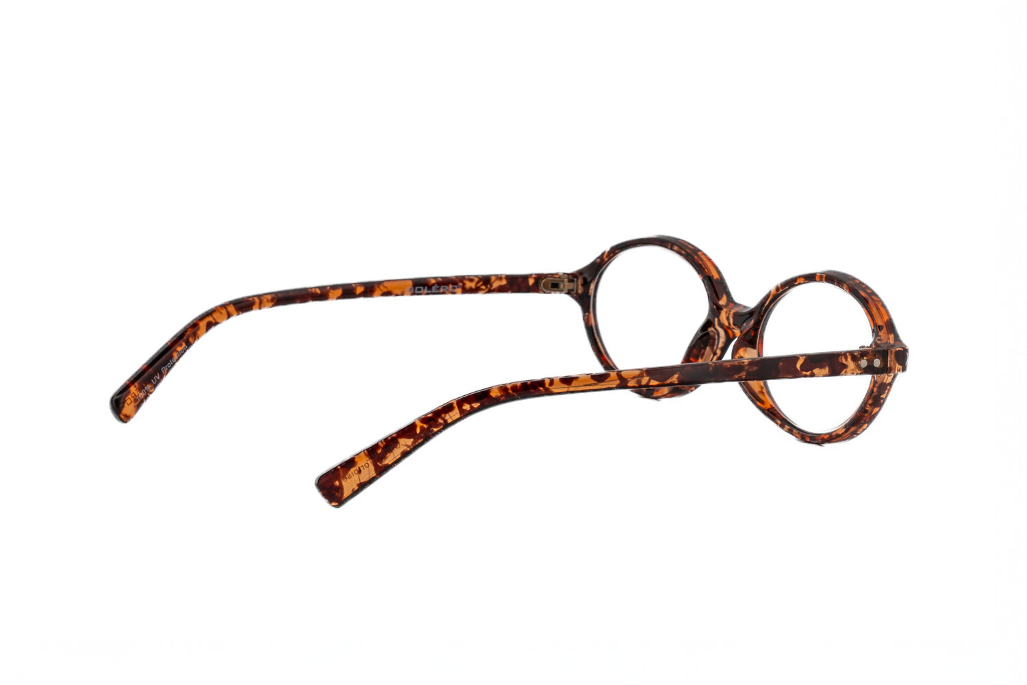 Milo amber tortoise oval reading glasses by Bolero Eyewear with crystal frame and metal core temples rear three-quarter angle view
