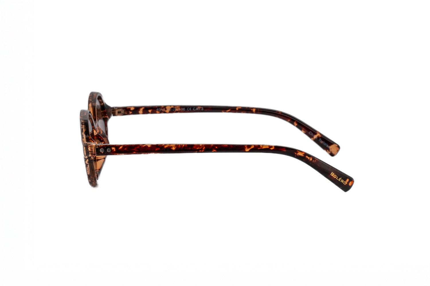 Milo amber tortoise oval sunglasses by Bolero Eyewear with brown UV lenses and crystal pattern frame side angle view

