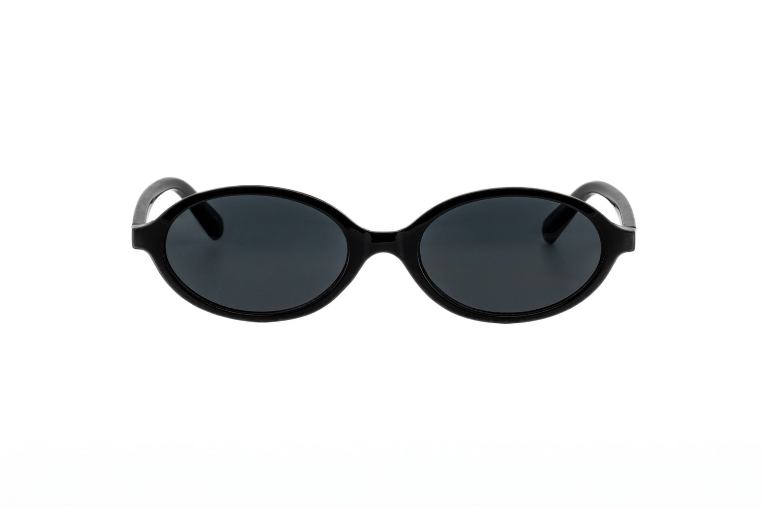 Milo by Bolero Eyewear black oval sunglasses with non polarized UV lenses and slim crystal frame front angle view