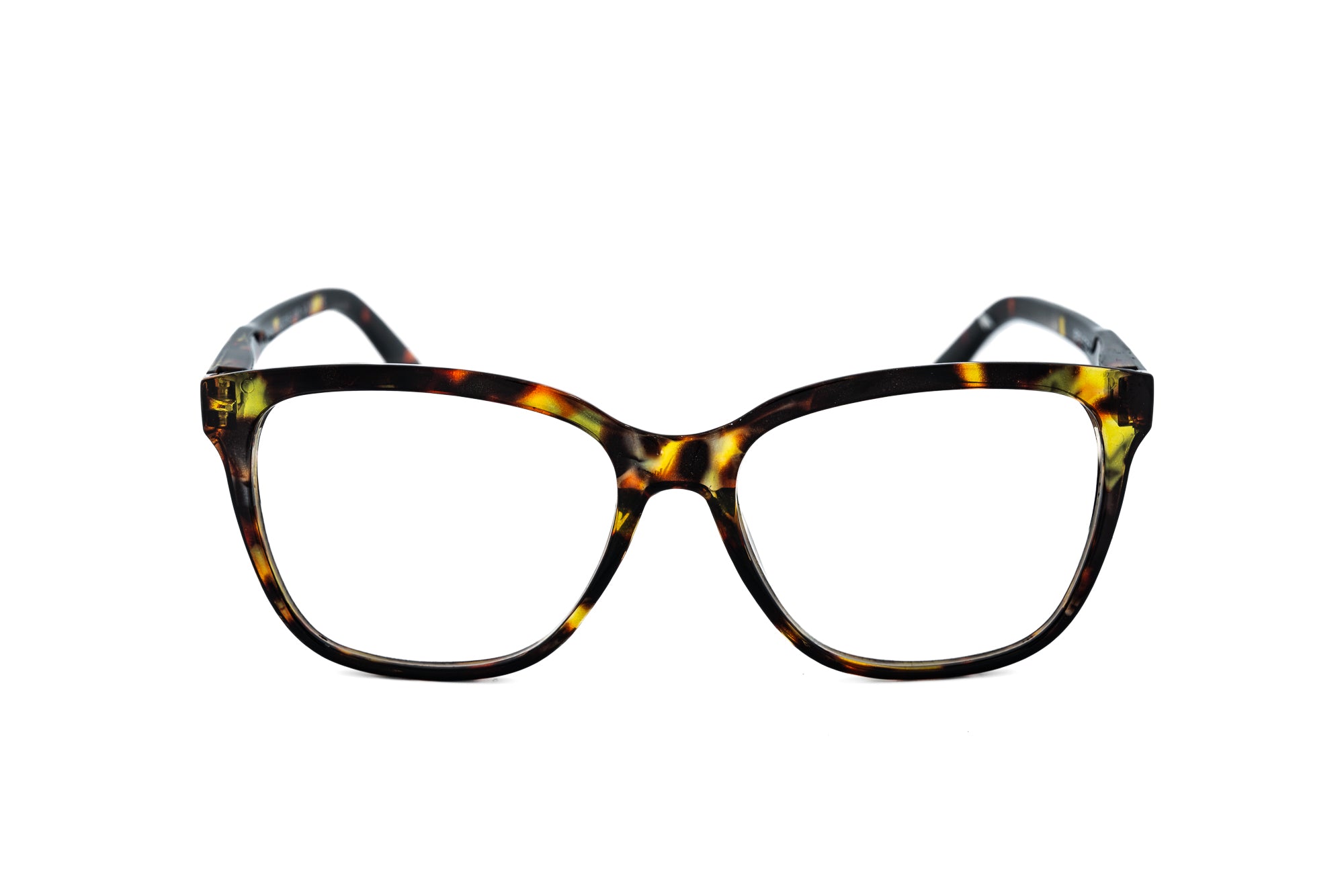 Mireille tortoise square reading glasses with warm acetate pattern by Bolero Eyewear front angle view