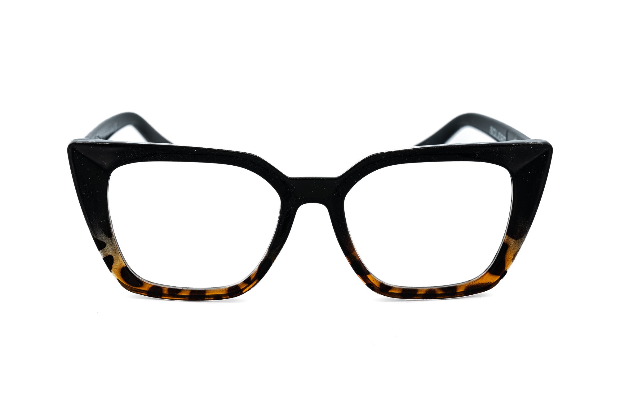 Noctelle black tortoise geometric cat-eye reading glasses by Bolero Eyewear front angle view