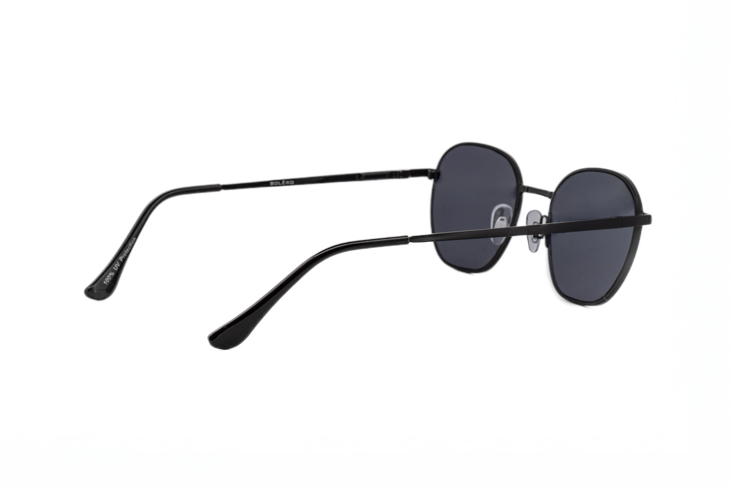 Onyx by Bolero Eyewear black metal round sunglasses with polarized smoke lenses rear three-quarter angle view
