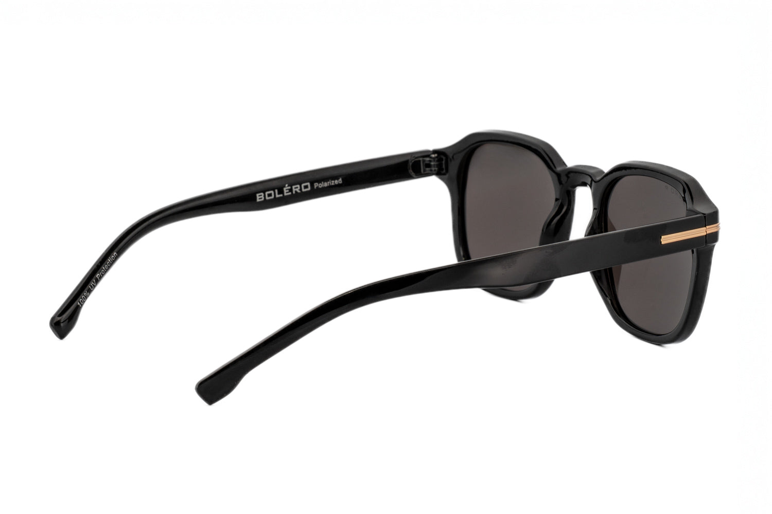 Quinn by Bolero Eyewear black square crystal frame sunglasses with smoke UV lenses and metallic temple accents rear three-quarter angle view