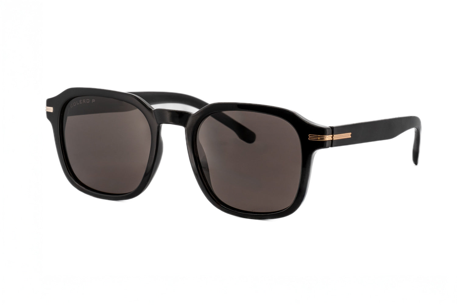 Quinn by Bolero Eyewear black square crystal frame sunglasses with smoke UV lenses and metallic temple accents