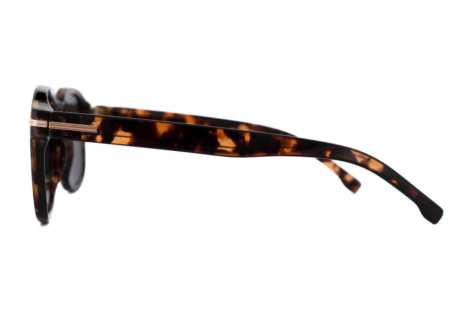 Quinn tortoise square crystal frame sunglasses with smoke UV lenses and gold temple detailing side angle view