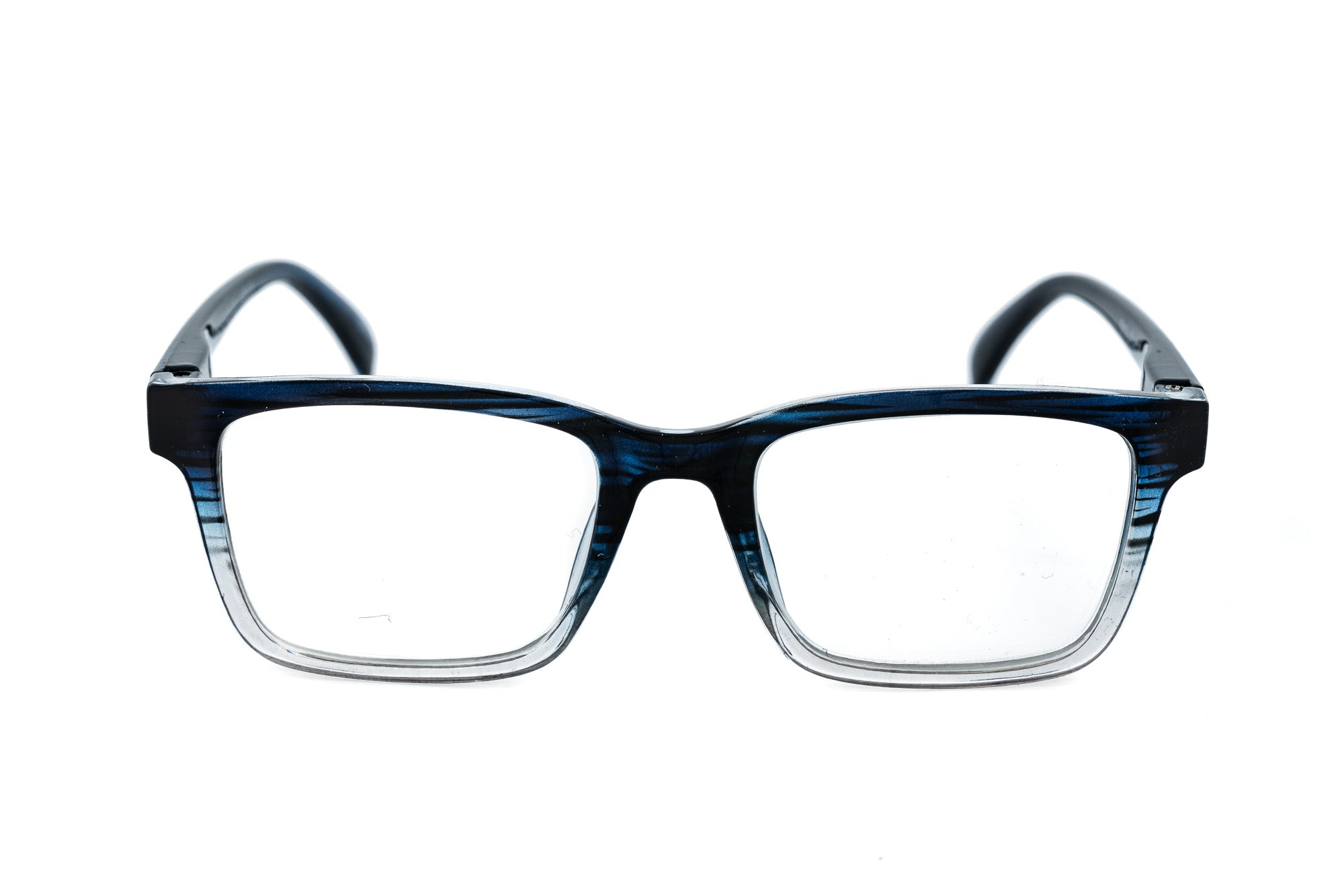 Ravari blue fade rectangular reading glasses with blue-to-clear acetate frame front angle view