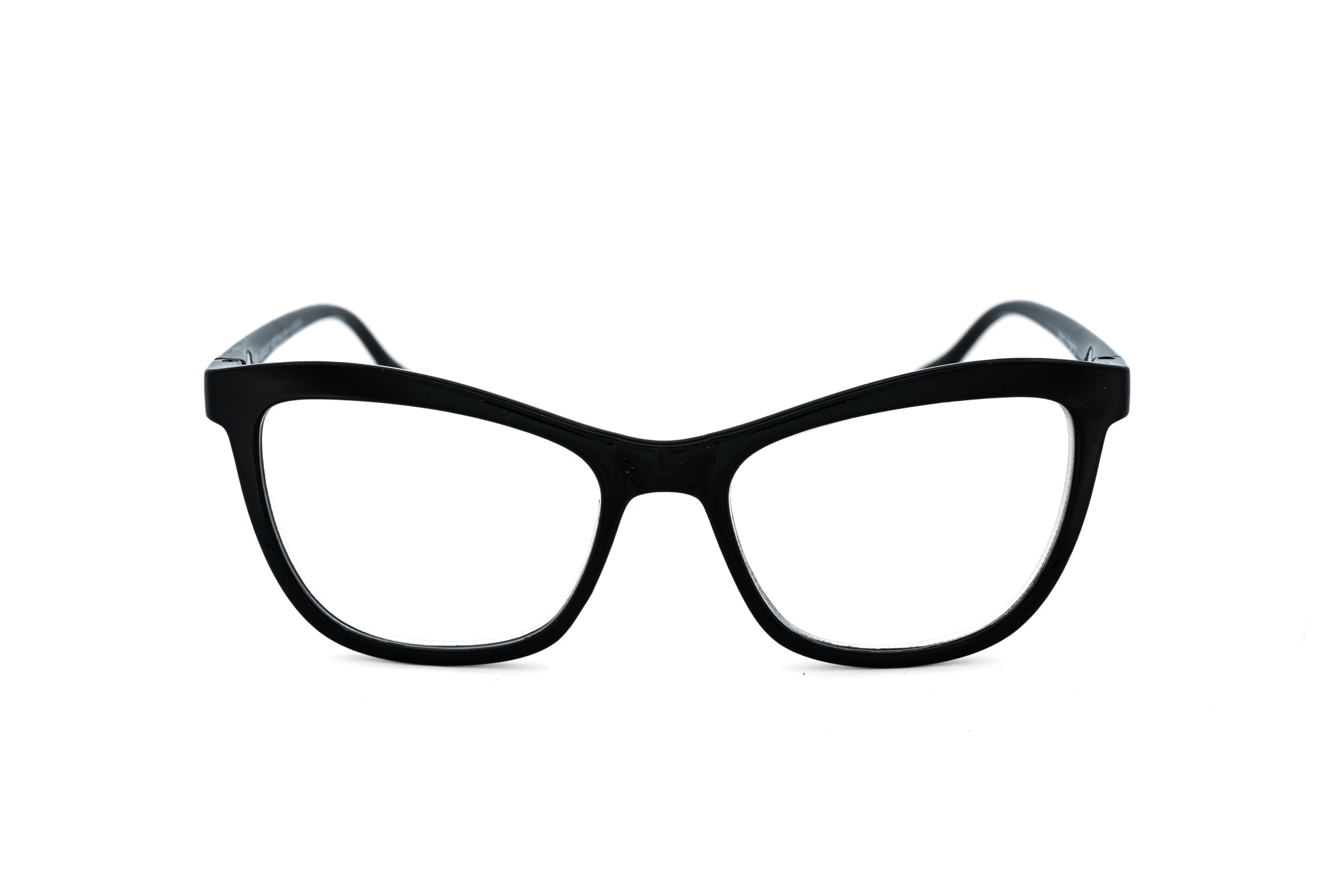 Renelle black cat-eye reading glasses with lightweight polycarbonate frame front angle view