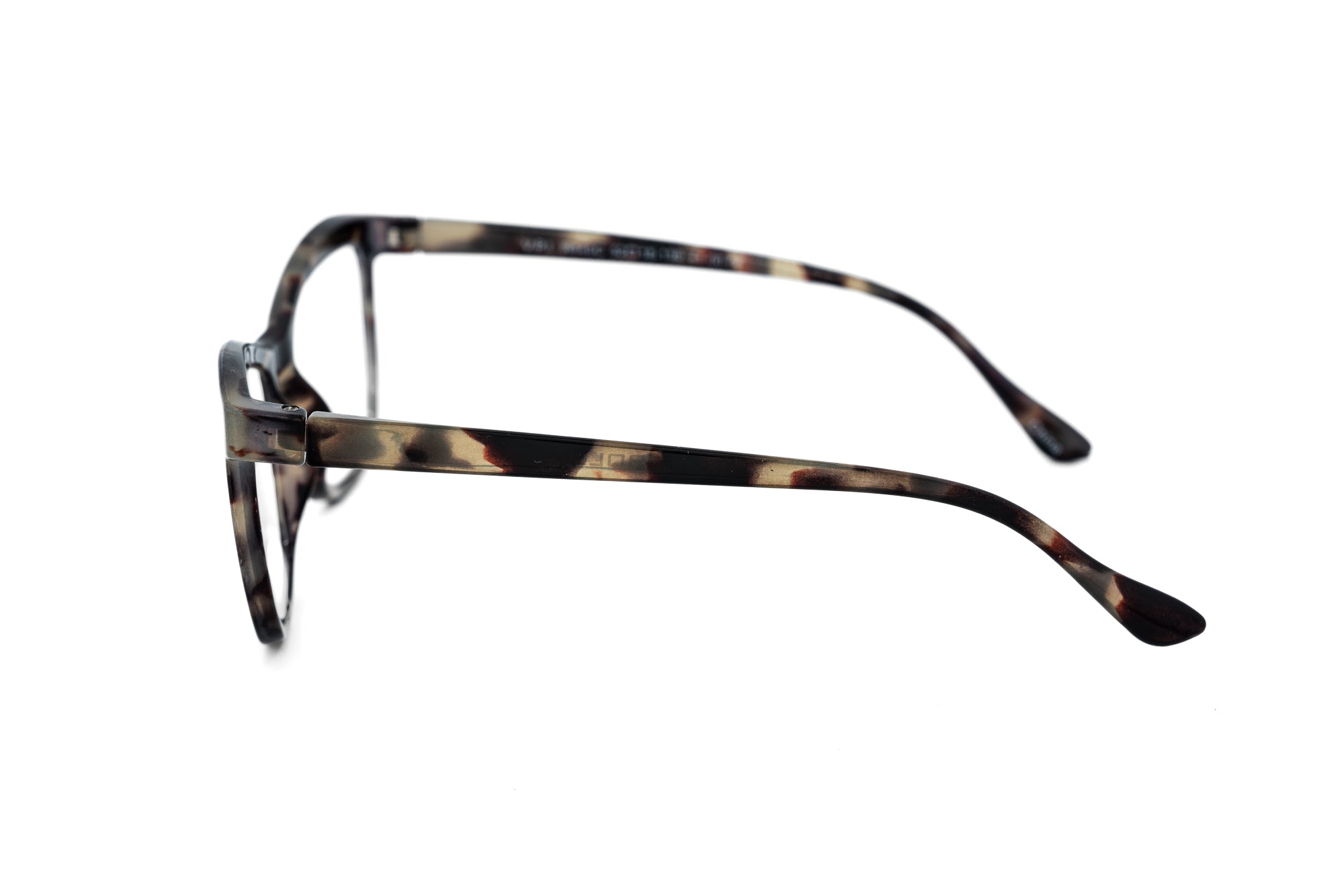 Renelle stone tortoise cat-eye reading glasses with neutral marbled pattern side angle view