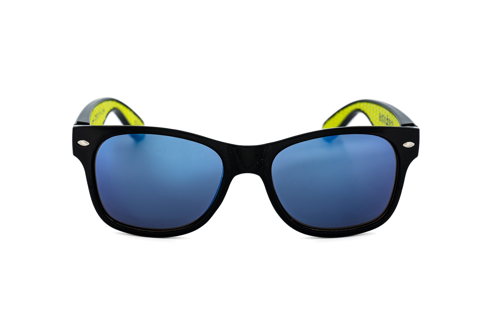 Riffin by Bolero Eyewear kids sunglasses in black frame with blue mirror lenses and neon yellow interior arms  front angle view