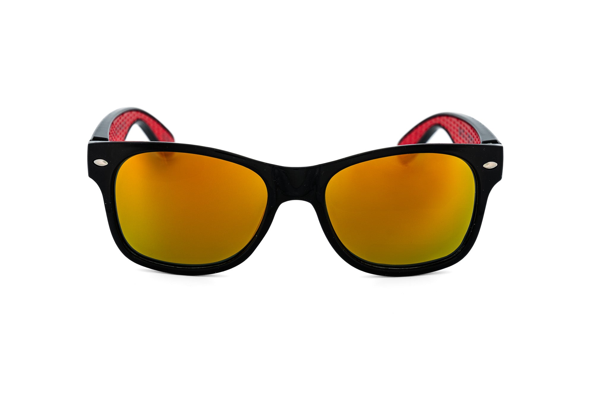 Riffin by Bolero Eyewear kids sunglasses in black frame with red mirror lenses and red interior arms front angle view