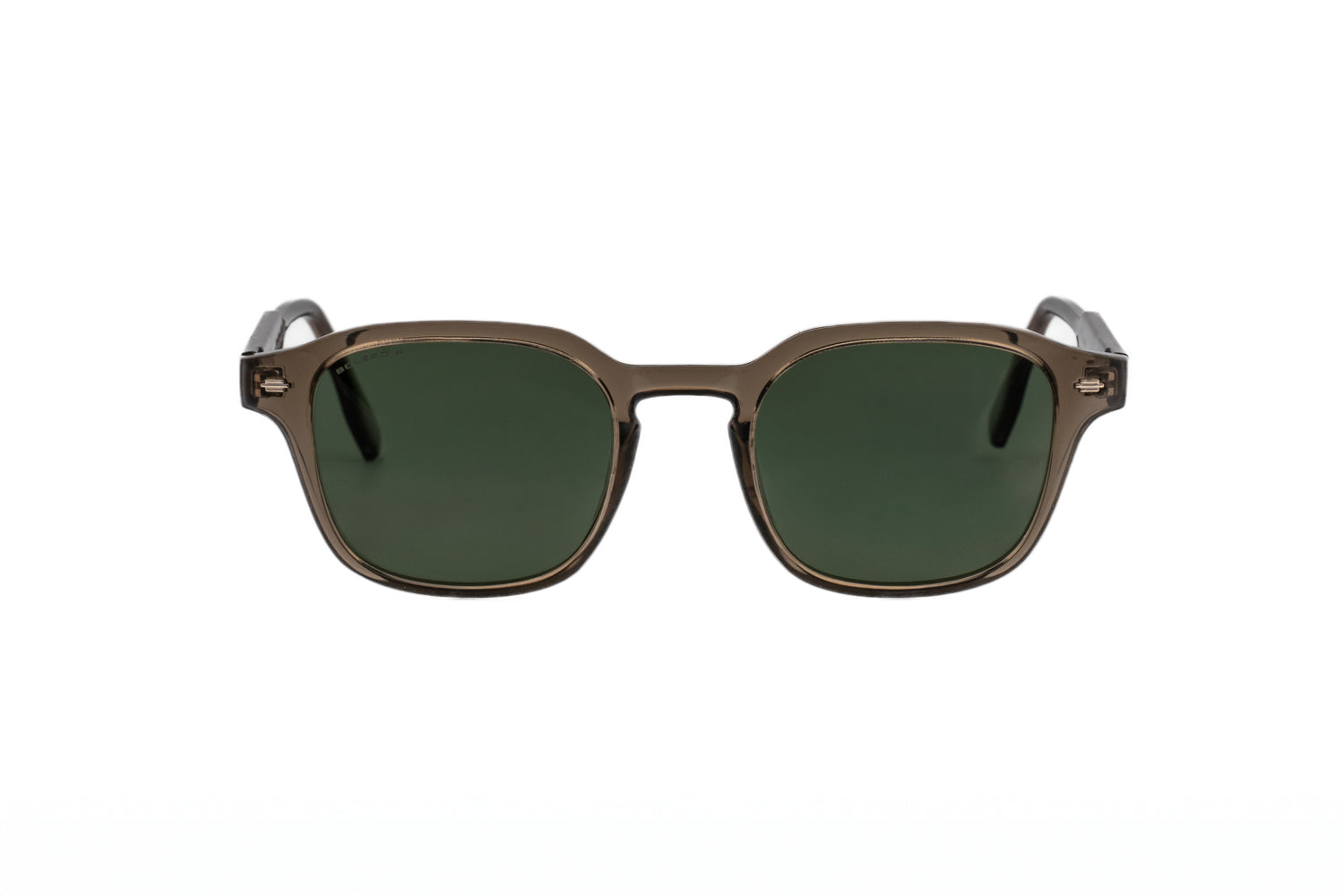 Ryan amber gray brown square sunglasses with green smoke lenses and reinforced metal core by Bolero Eyewear front angle view