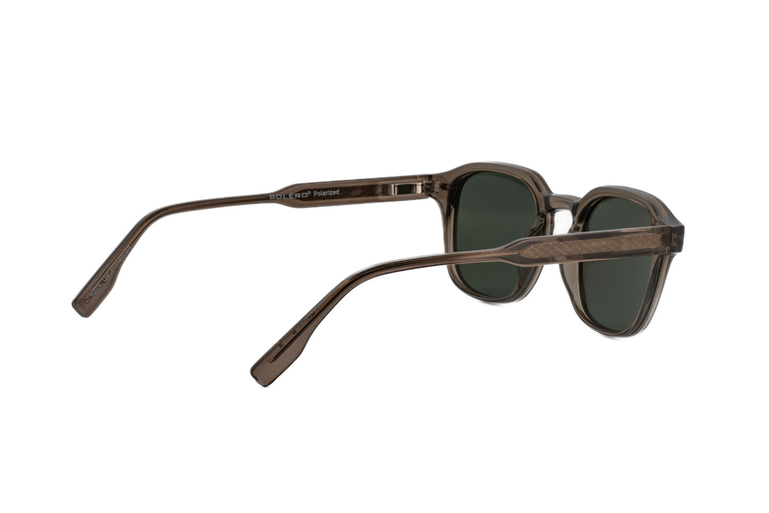 Ryan amber gray brown square sunglasses with green smoke lenses and reinforced metal core by Bolero Eyewear rear three-quarter angle view