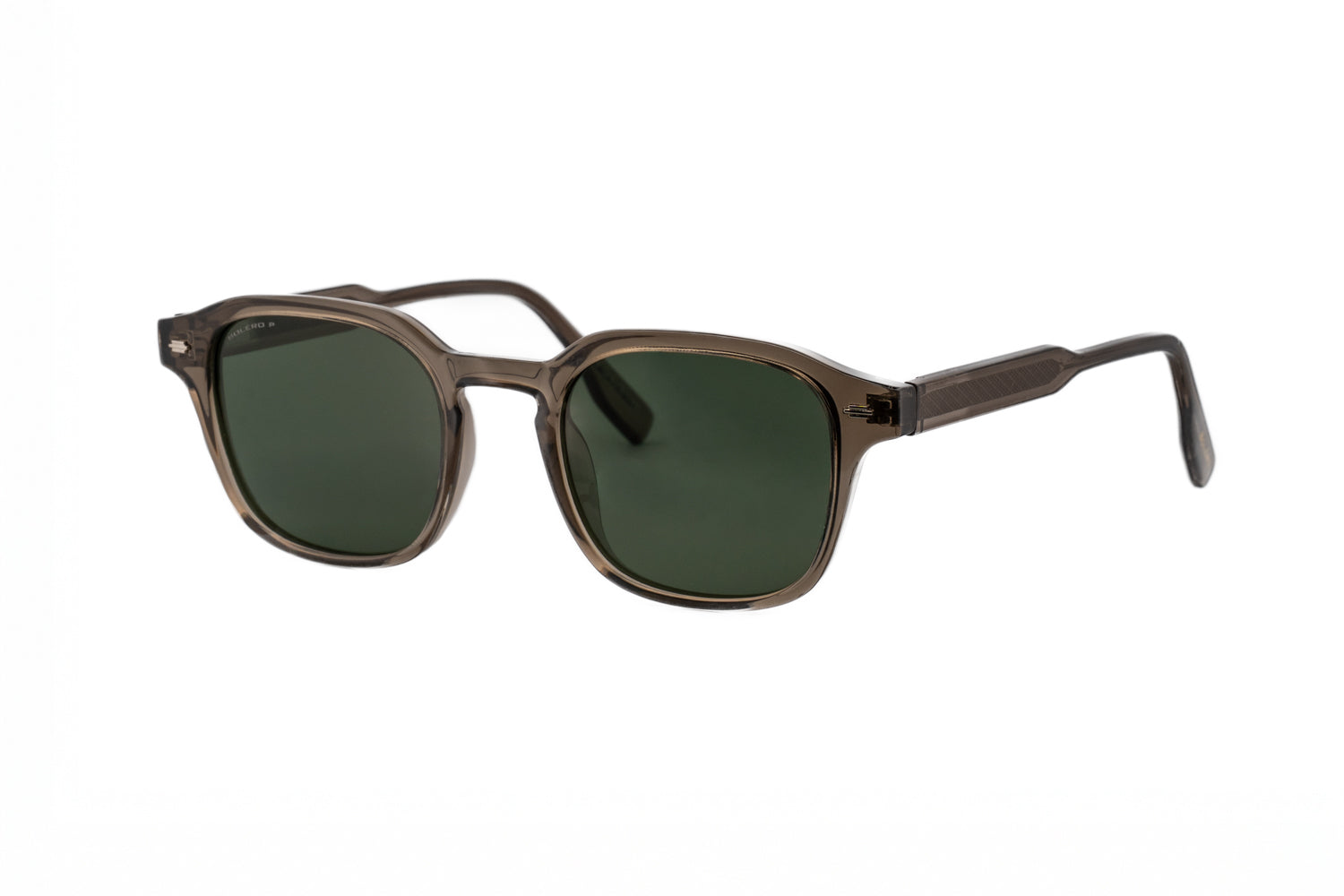 Ryan amber gray brown square sunglasses with green smoke lenses and reinforced metal core by Bolero Eyewear