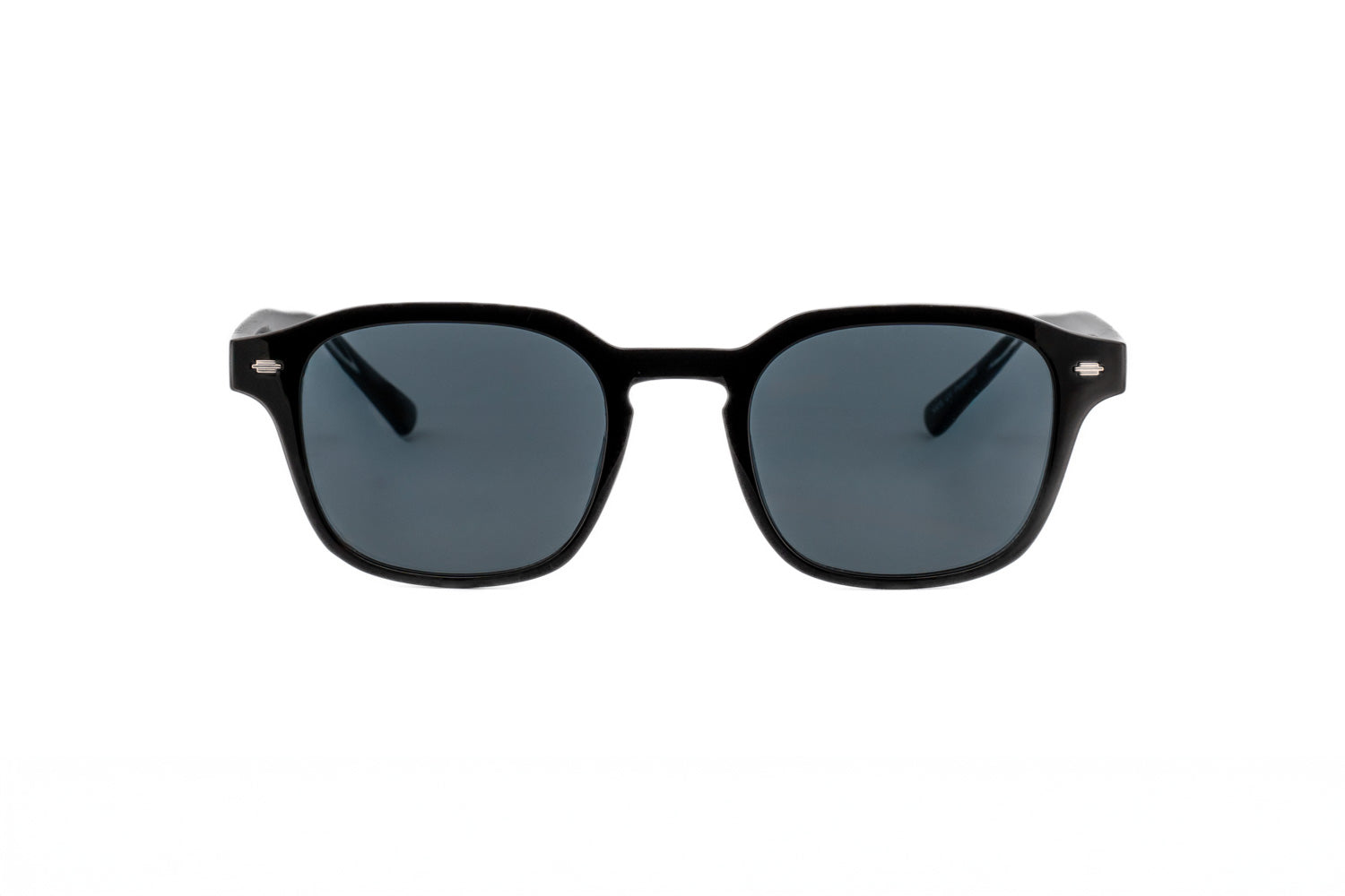 Ryan by Bolero Eyewear black crystal square sunglasses with dark UV lenses metal core temples and spring hinges front angle view