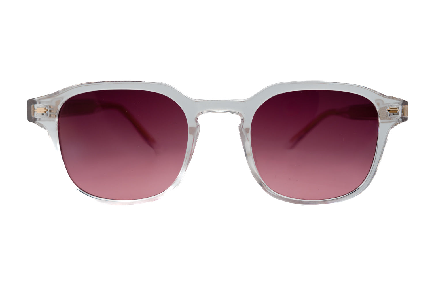 Ryan clear crystal square sunglasses with gradient red UV lenses flexible spring hinge temples by Bolero Eyewear front angle view