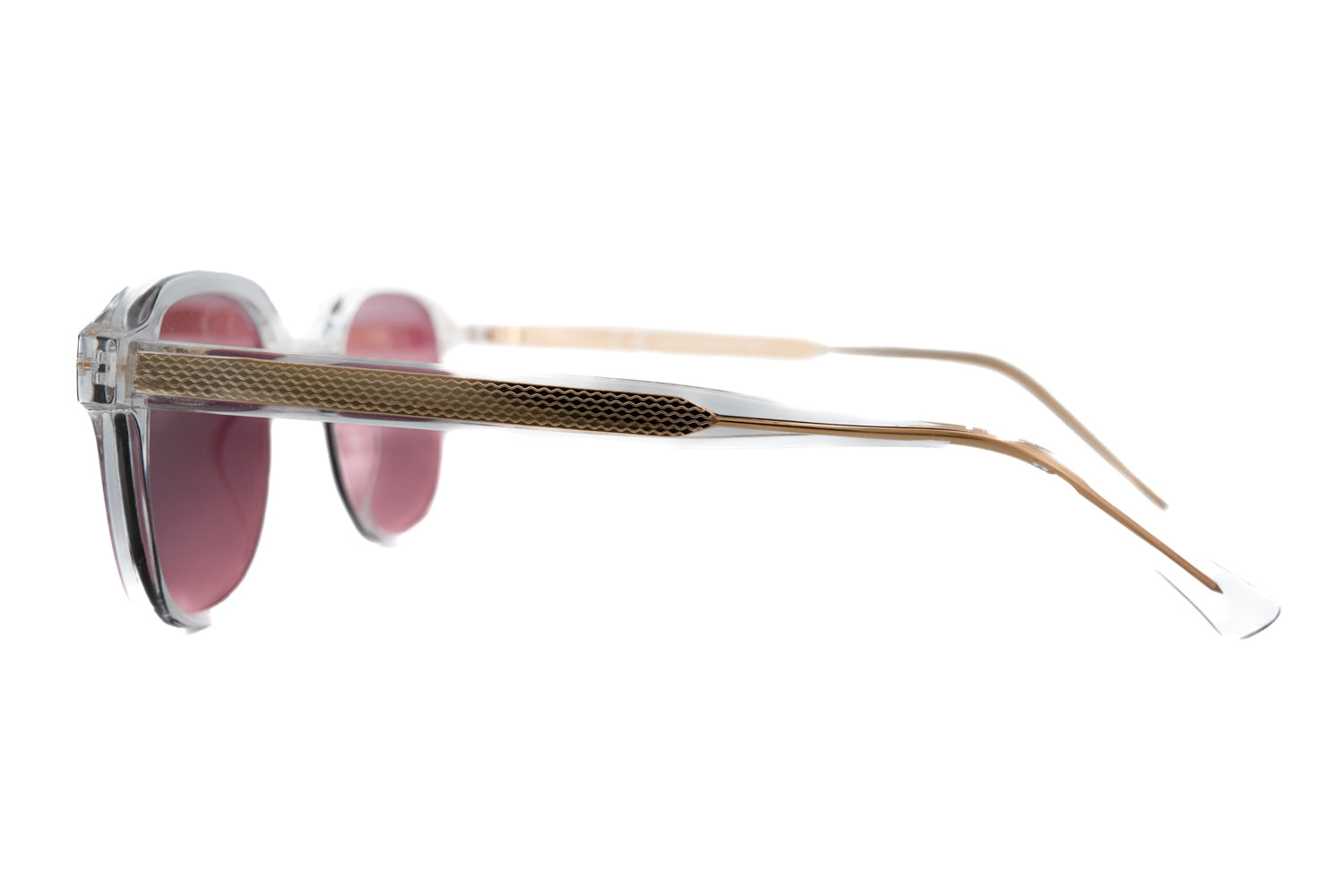 Ryan clear crystal square sunglasses with gradient red UV lenses flexible spring hinge temples by Bolero Eyewear side angle view