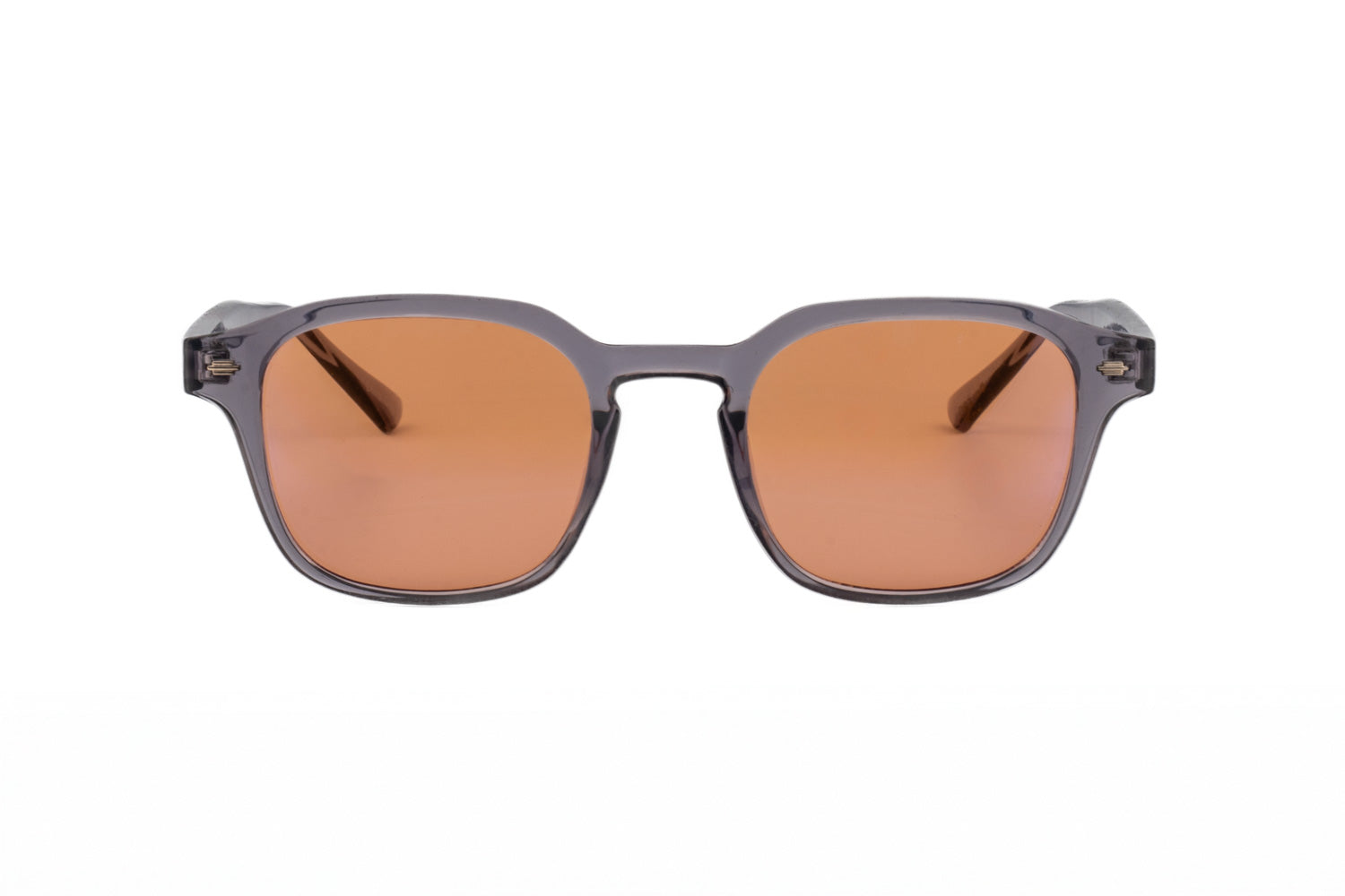 Ryan crystal gray square blue light sunglasses by Bolero Eyewear with orange UV lenses lightweight crystal frame front angle view
