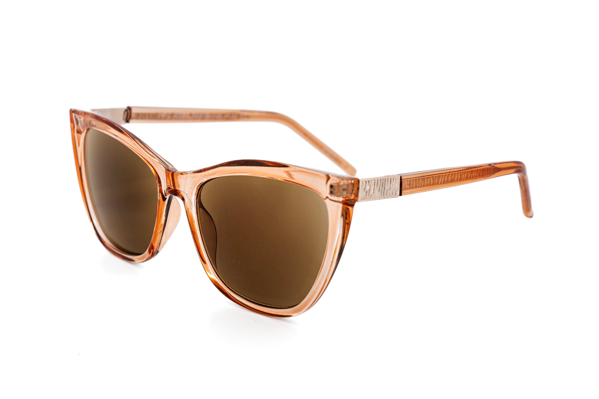 Sabine cat-eye reading sunglasses in amber pink with full magnification lenses and UV-tinted sun lenses