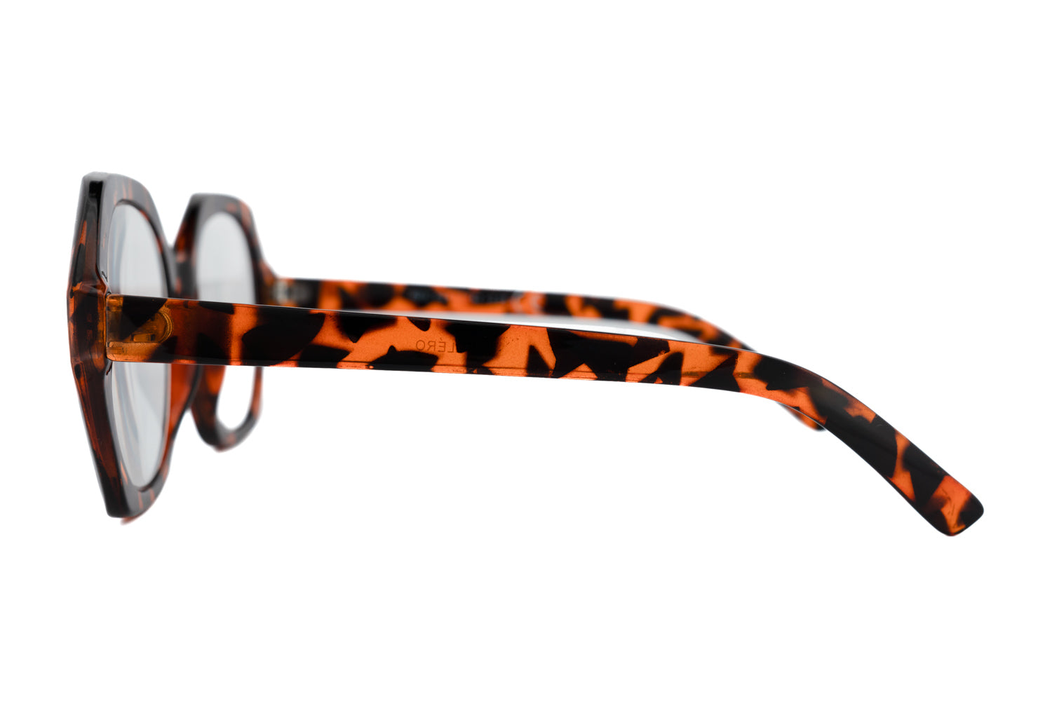 Saffron by Bolero Eyewear oversized round reading glasses in tortoiseshell acetate side angle view