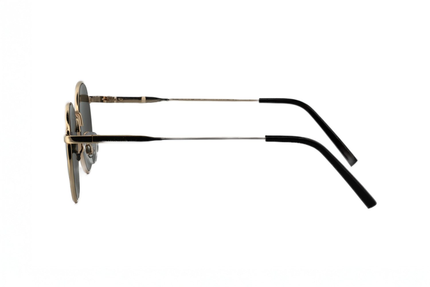 Sage gold round metal frame sunglasses with green smoke UV lenses premium eyewear side angle view