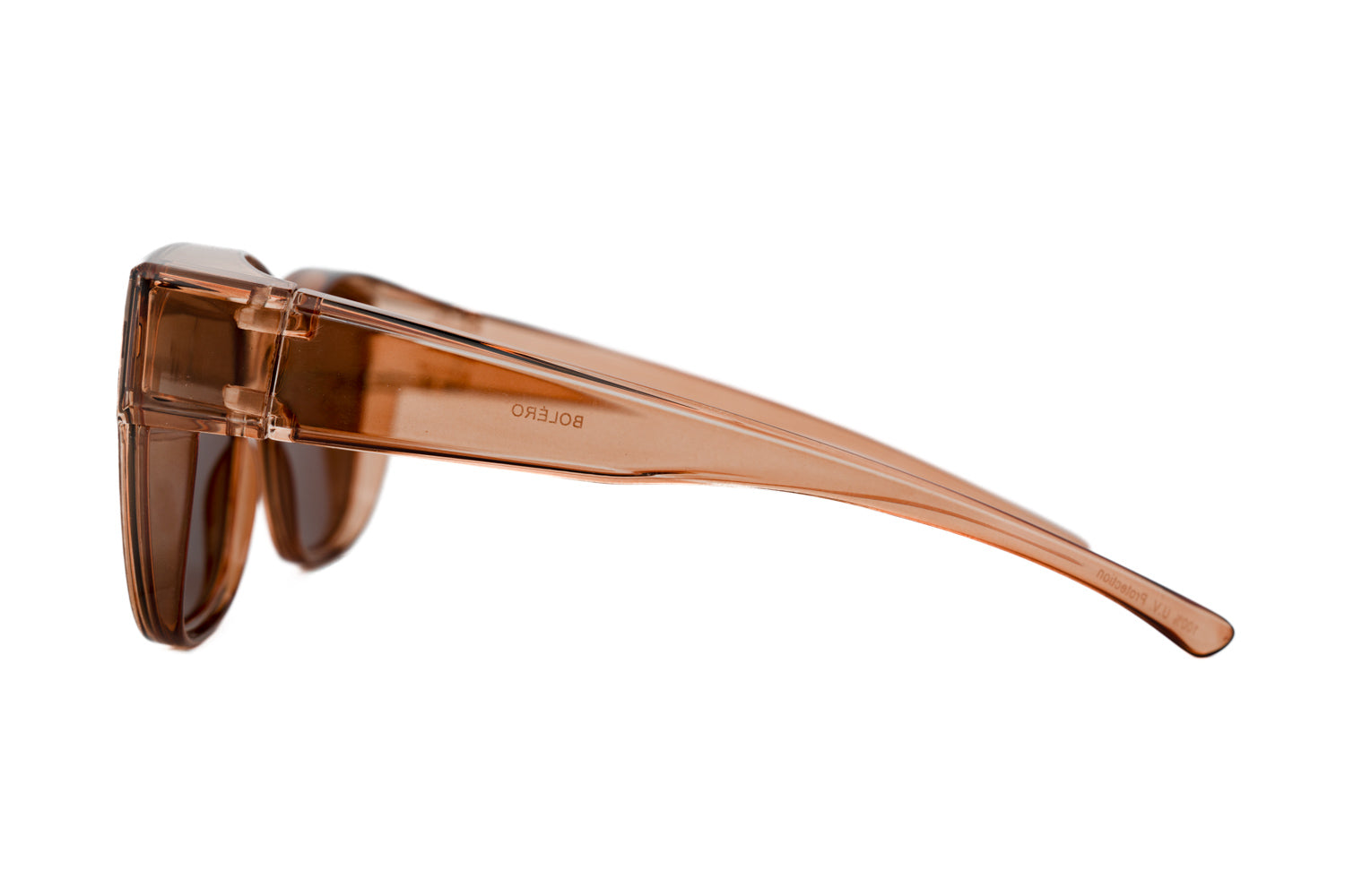 Savaya  by Boléro Eyewear fit over sunglasses taupe frame with brown lens side angle view